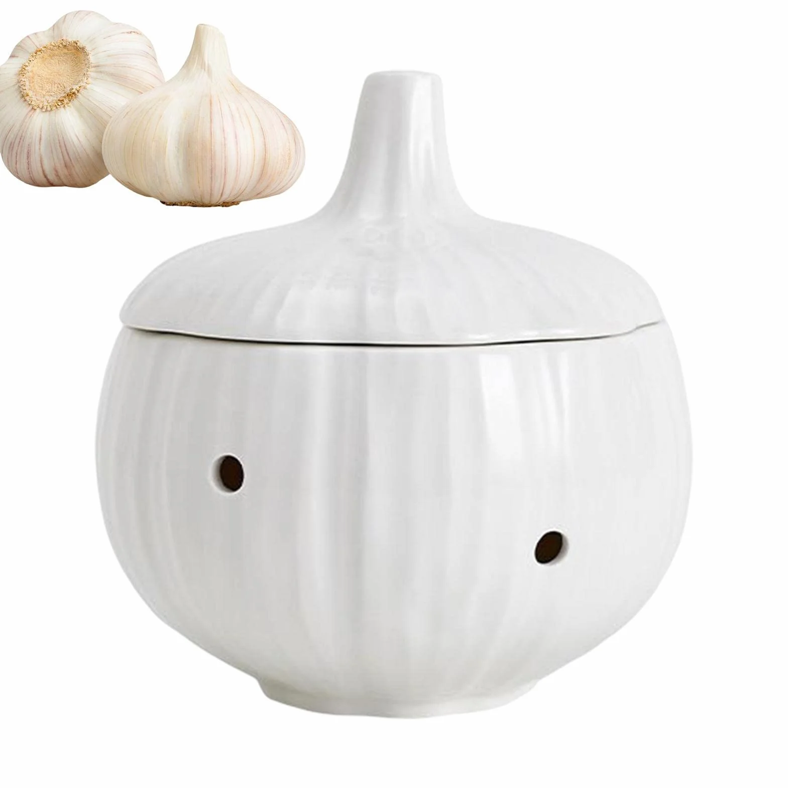 Pojemnik do przechowywania czosnku, ceramiczny, pojemnik imbir z wentylowanymi otworami i pokrywk? , pojemnik z bia?ej kamionki, suszone czosnek chili