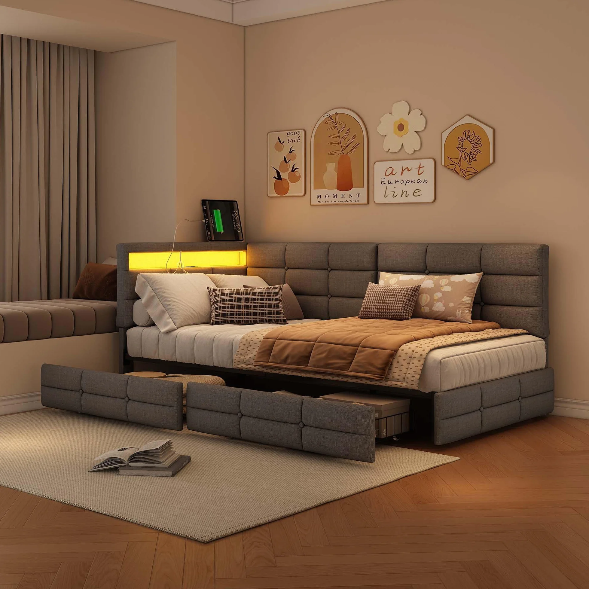 Łóżko 90 x 200 cm, z miejscem do przechowywania, tapicerowane, młodzieżowe, 90 x 200 cm, z diodami LED i USB, sofa z szufladami, pojedyncze łóżko dzienne ze stelażem, łóżko narożne, len, szare