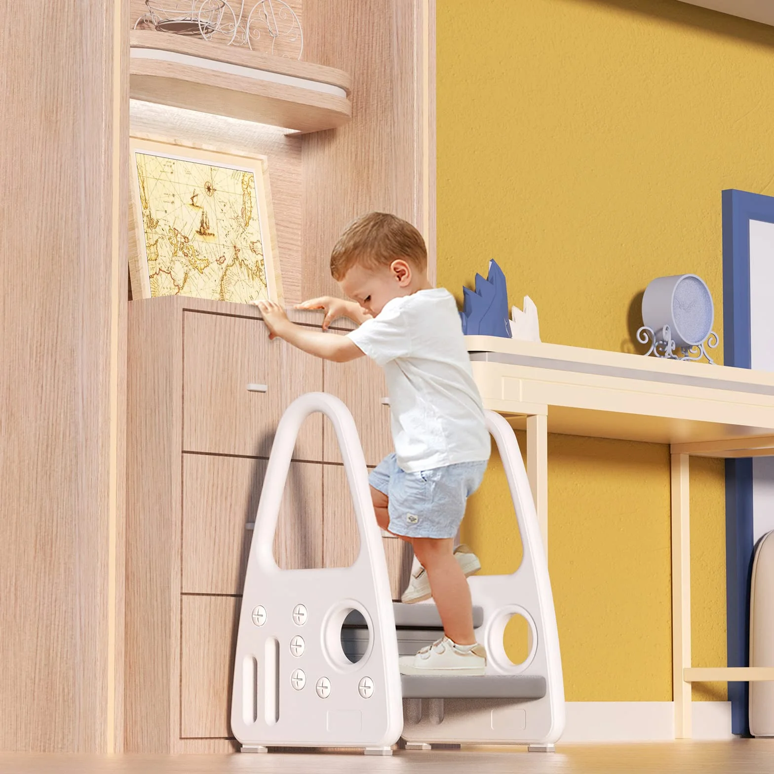 UISEBRT Taboret dla dzieci, 2 poziomy, stołek dziecięcy, dla małych dzieci, wieża do nauki, antypoślizgowa, z tworzywa sztucznego, do łazienki, sypialni, kuchni, pokoju dziecięcego, szary
