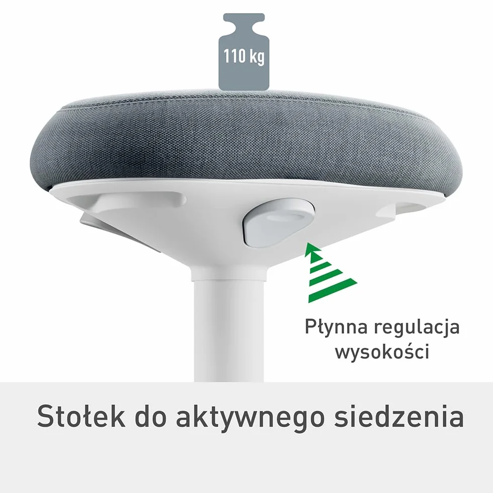 Stołek Leitz Ergo Active z Unikalną Komfortową Poduszką z Pianki o Podwójnej Gęstości, Regulowana Wysokość od 47 do 64cm, Siedzisko W 100% z Recyklingu, Udźwig 110kg, Seria Ergo, Jasnoszary, 65440085