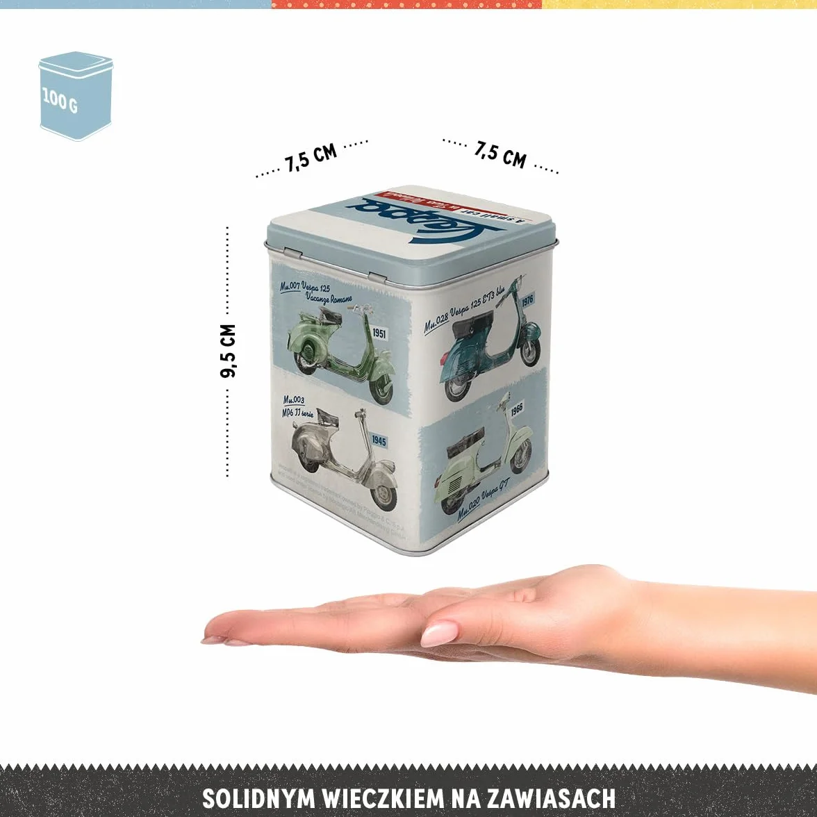 Nostalgic-Art Retro puszka na herbatę, 100 g, Vespa – Model Chart – Pomysł na prezent dla miłośników skuterów, Official License Product (OLP), metalowy pojemnik na herbatę, Styl vintage