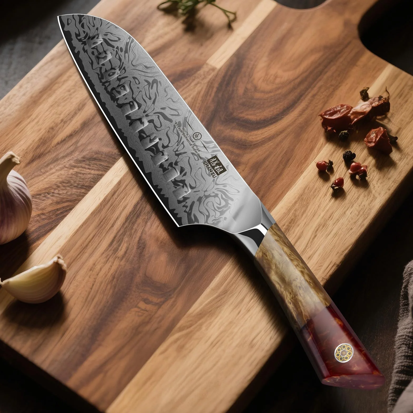 SHAN ZU Damascus Santoku-mes, 18 cm Japans keukenmes, gemaakt van 91 lagen damaststaal en SG2-poederstaal, handgesmeed professioneel koksmes, ergonomisch handvat van esdoornhout - White Tiger-serie