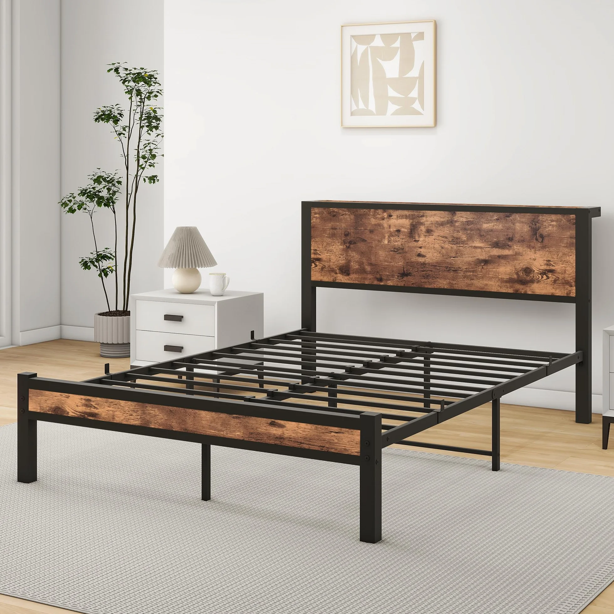 HOMERECOMMEND Rama łóżka 140 x 200, łóżko podwójne 140 x 200 cm, stelaż z metalu, łóżko dla gości do małych pomieszczeń, kolor czarny i brązowy