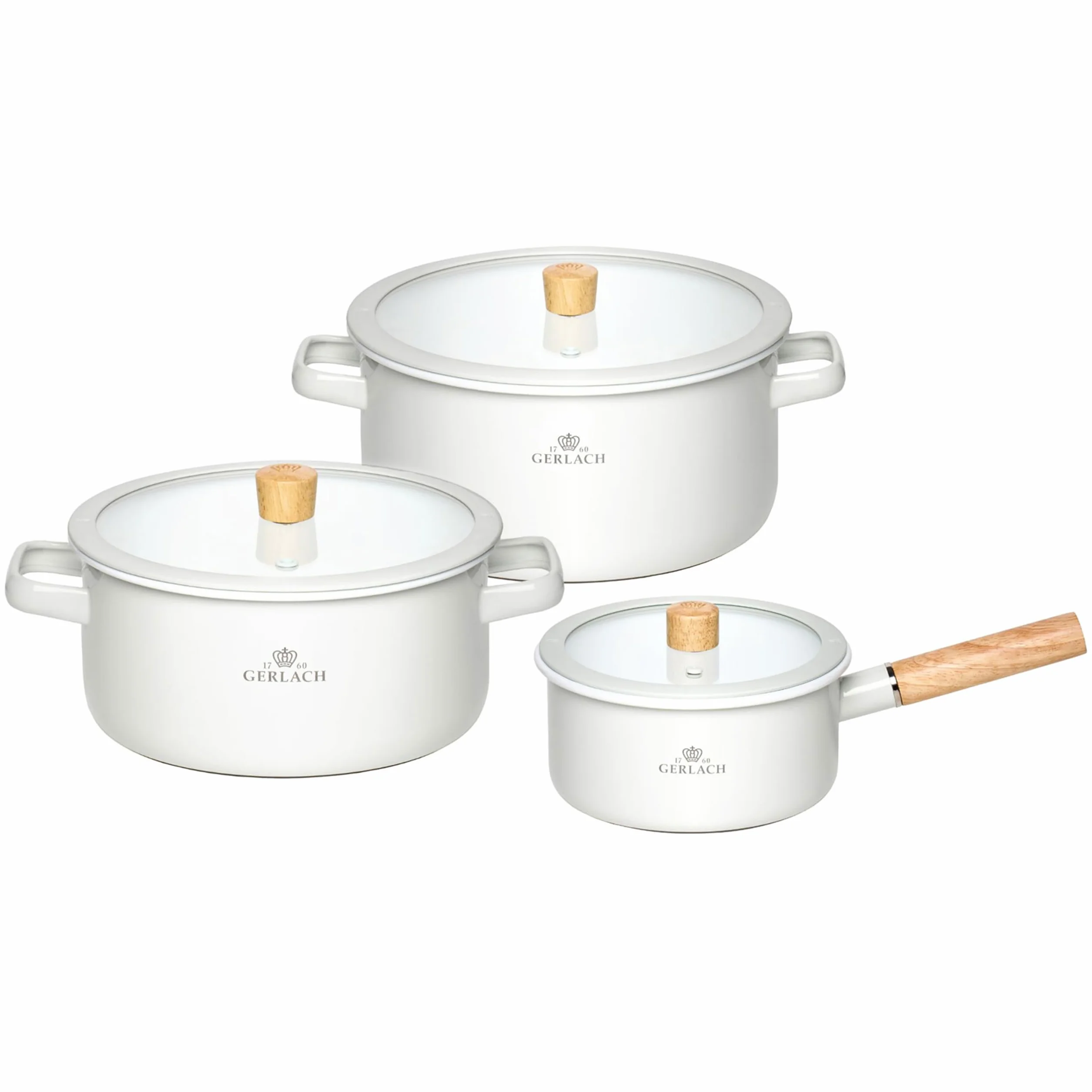 Gerlach 1760 Zestaw 3 Garnków - 2 l / 3 l / 5 l - Garnki Emaliowane - Wszystkie Kuchenki - Pokrywka ze Szkła Hartowanego - Biały Natur Enamel