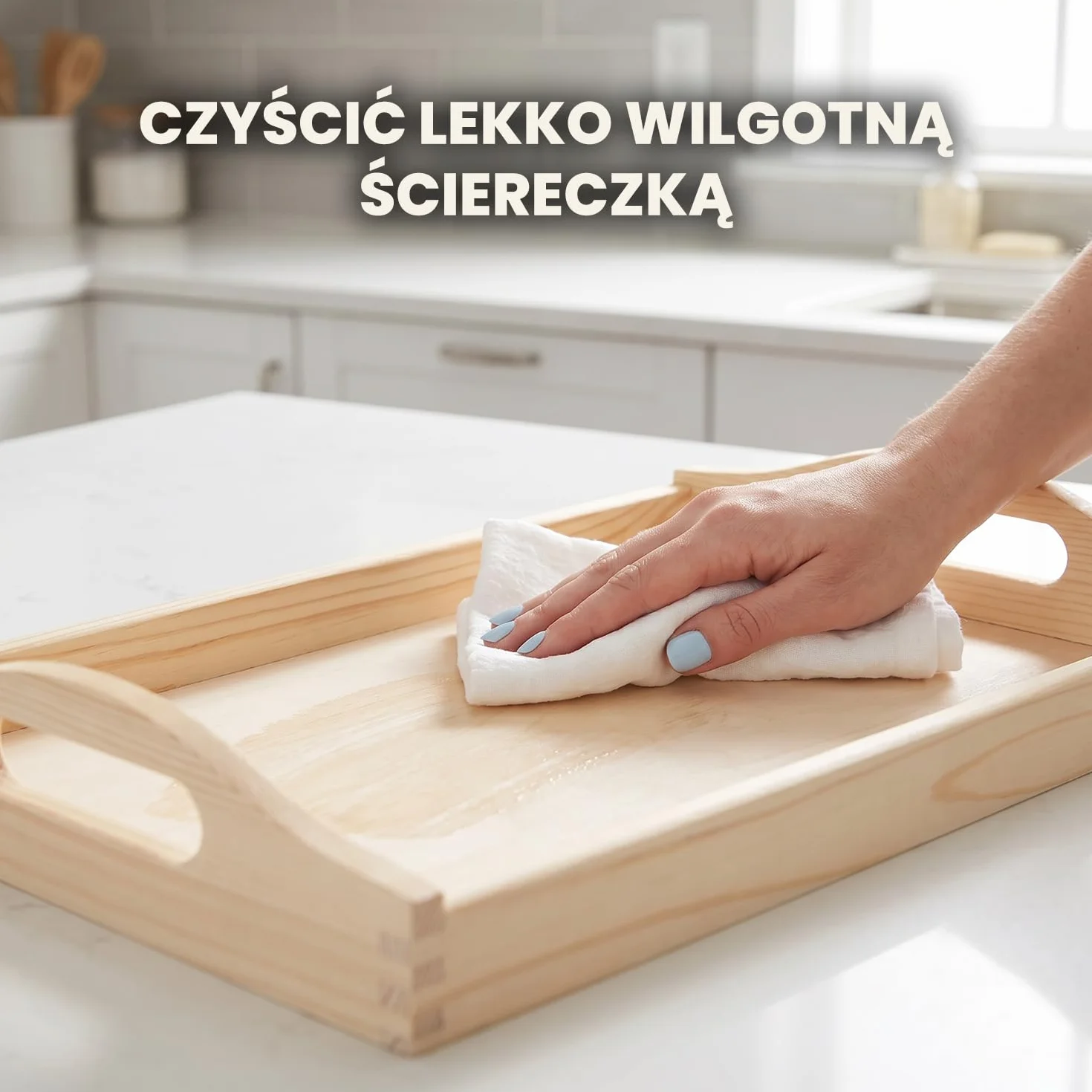 Duża taca z litego drewna 50 x 30 cm - prostokątna drewniana taca z ergonomicznie wyprofilowanymi uchwytami i podwyższonym rantem dla wygodnego serwowania potraw i napojów