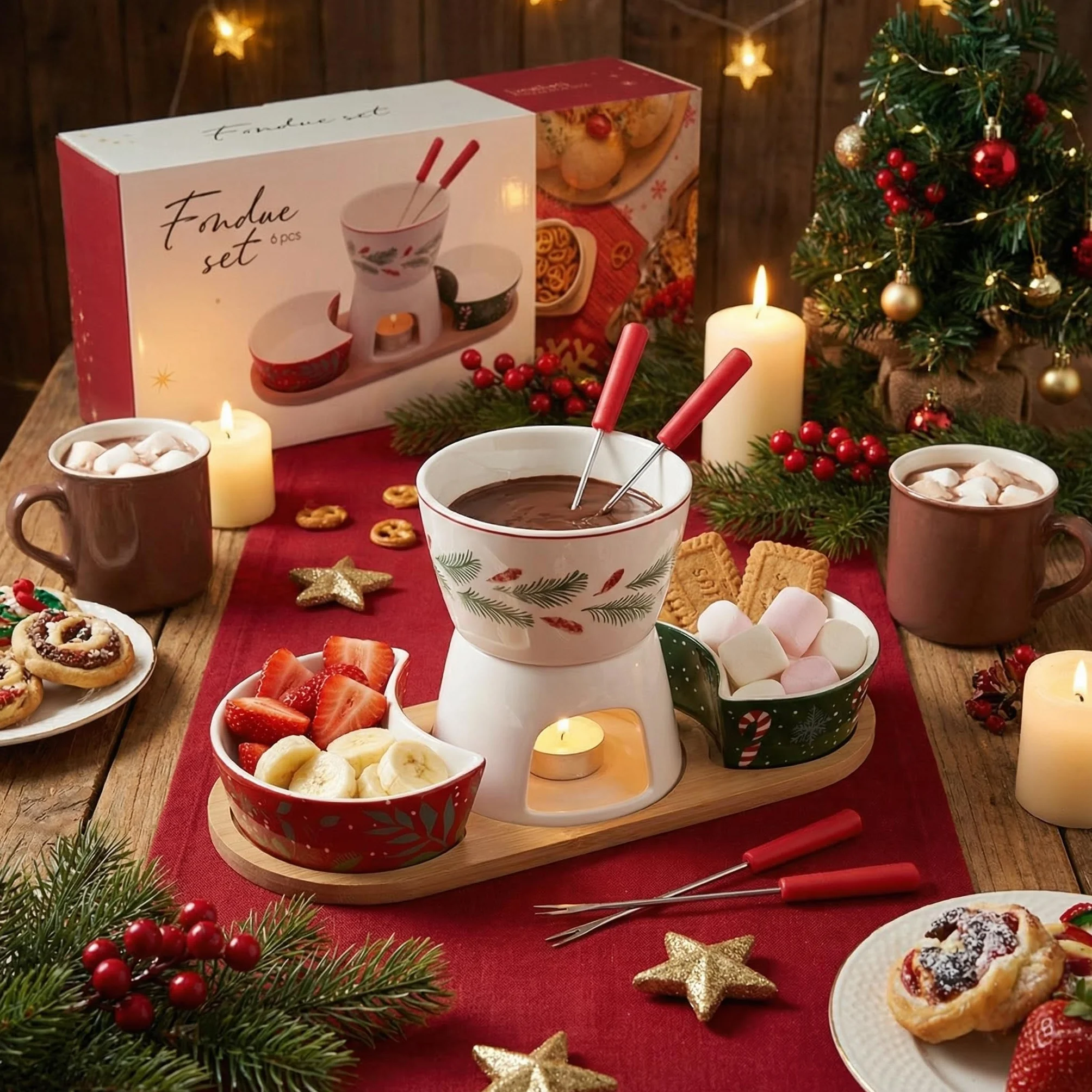 MIJOMA 6-częściowy zestaw do fondue bożonarodzeniowego – porcelanowe fondue z 2 widelcami, 2 miseczkami i drewnianą tacą – zimowy zestaw dekoracyjny i serwujący na świąteczne chwile rozkoszowania się
