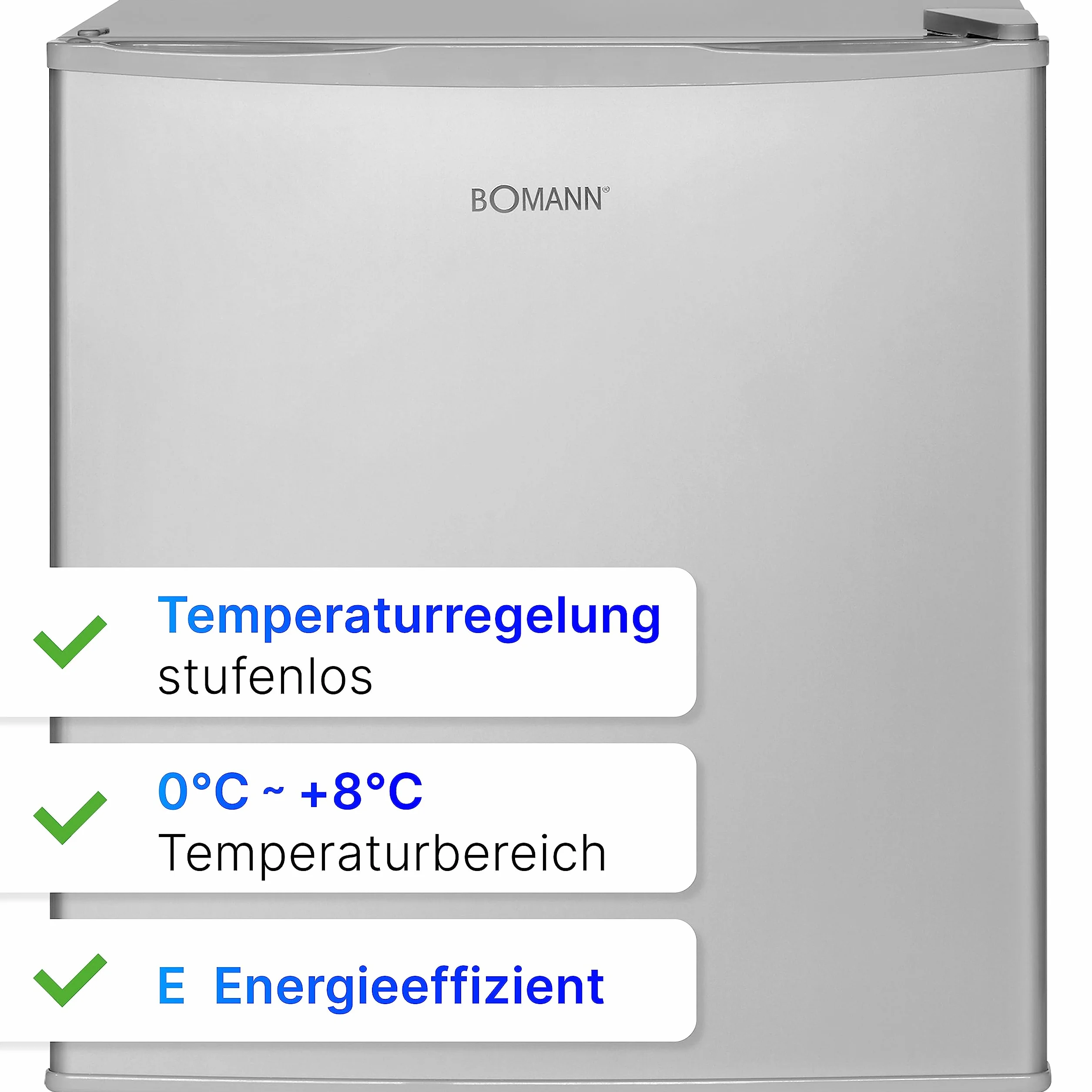 Bomann® Mini lodówka 42 l | mała lodówka na napoje, do biura, na kemping i do gier, cicha, 39 dB, minibar z wymiennym ogranicznikiem drzwiowym, 51 x 45 x 45 cm, KB 7346 inox