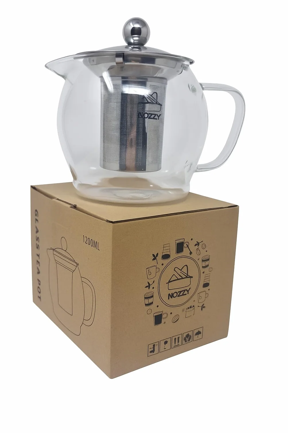 Nozzy Szklany czajniczek z zaparzaczem ze stali nierdzewnej, 1200 ml, borokrzemowy dzbanek do herbaty, przezroczysty, nowoczesny design z sitkiem do herbaty sypkiej, 4-6 filiżanek