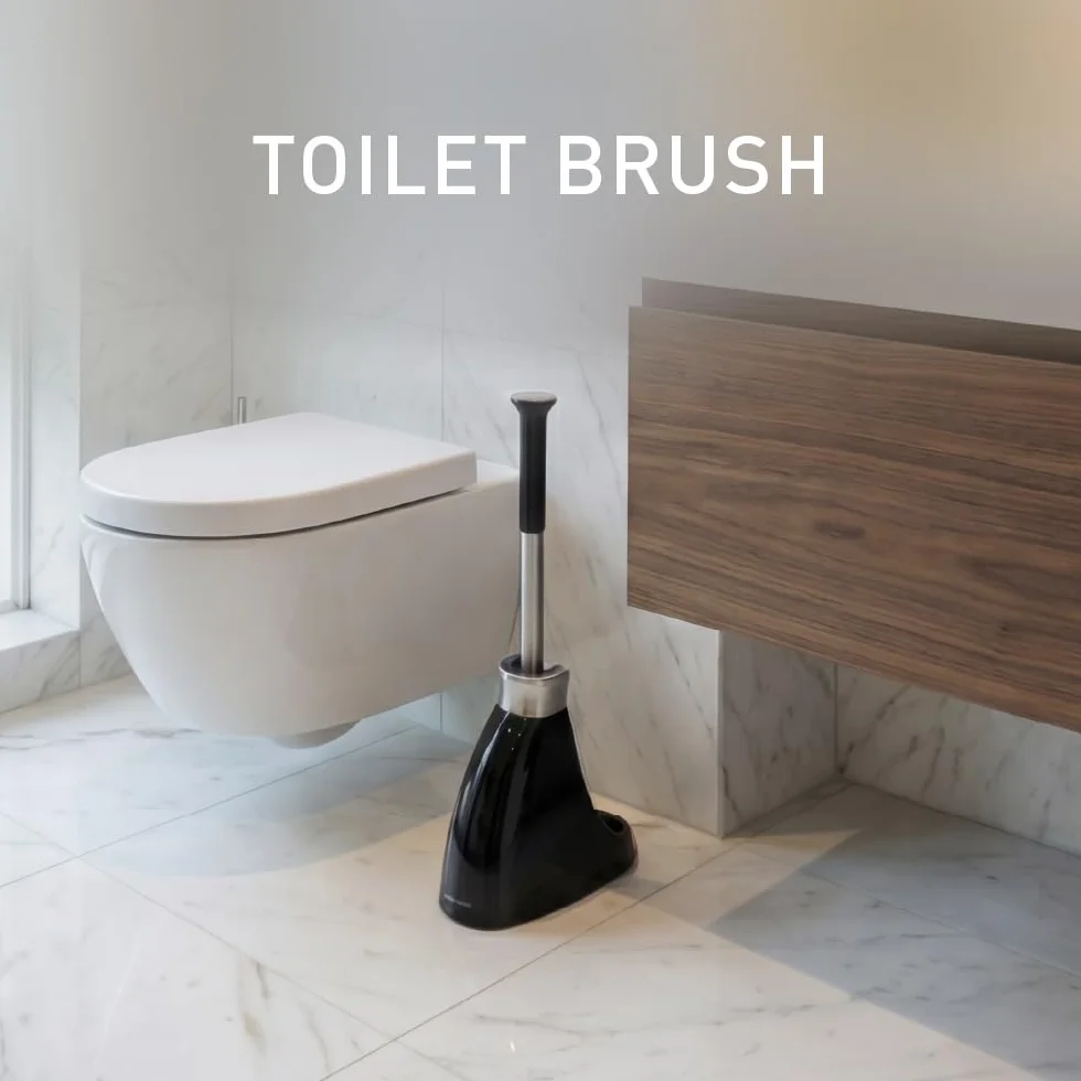 simplehuman BT1084 Szczotka toaletowa z uchwytem, sztywne włosie zewnętrzne, konstrukcja bez kapania, łatwa do przechowywania, zdejmowana głowica szczotki, pręt ze stali nierdzewnej, czarny plastik