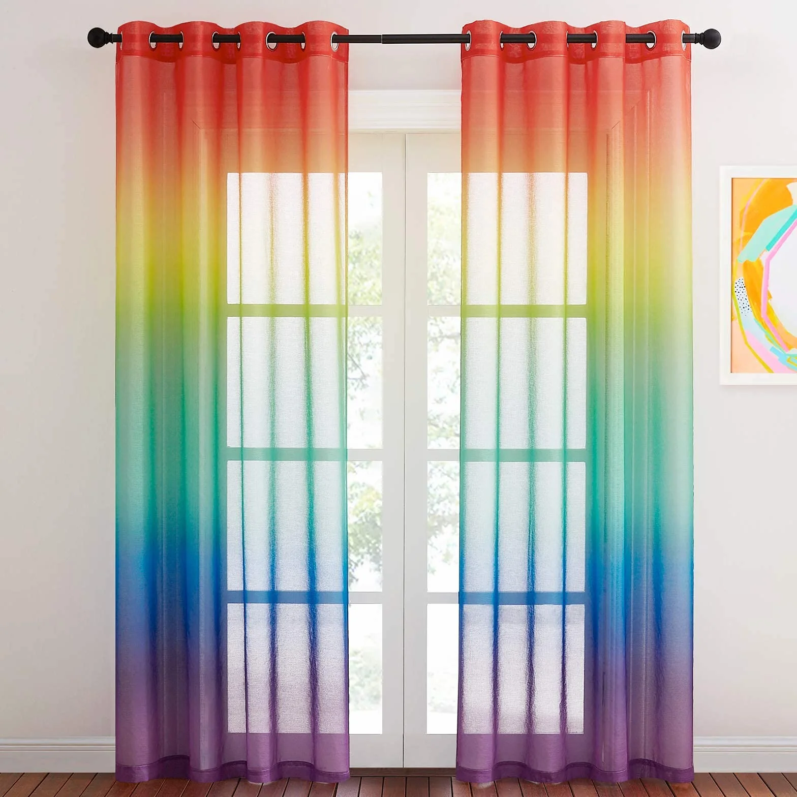 NICETOWN Zasłony welonowe z oczkami - welon lniany efekt świetlny naturalny filtr wielokolorowy elegancki gradient dekoracyjny do salonu, sypialni, 140 x 245, tęcza, 2 szt