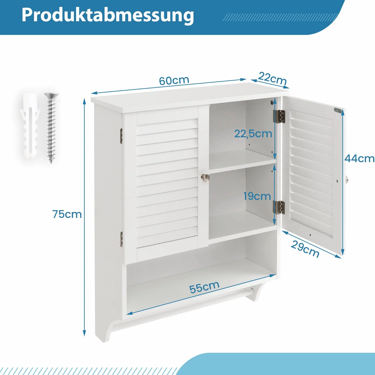 COSTWAY Szafka wisząca 3 półki łazienkowa z regulowaną półką ścienna biała 58x22x75 cm BA7874DE