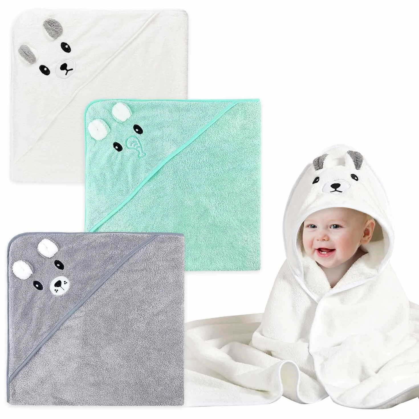 Ręcznik kąpielowy dla niemowląt, 3 sztuki, z uroczymi uszami, miękki i super chłonny, uroczy, do kąpieli niemowląt, unisex, 80 x 80 cm