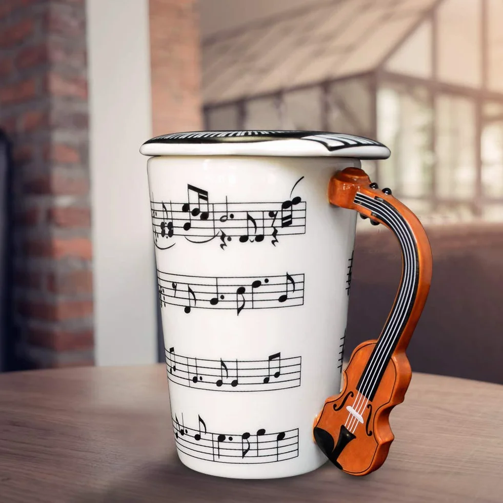 EYMPEU Muzyczny kubek do kawy z pokrywką i uchwytem w kształcie skrzypiec, 450ML zabawny kubek do kawy, herbaty, wody, prezent dla miłośnika muzyki/nauczyciela/przyjaciela