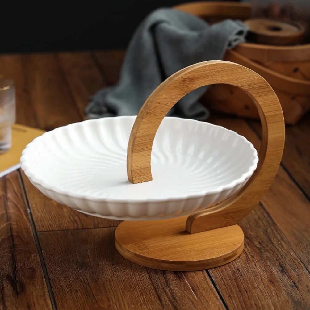 Miska na owoce, Zestaw miski owocowej z naturalnym bambusowym stojakiem, ceramiczny koszyk owocowy serwujący taca zestaw do owoców, przystawka deserowy, ciasto, cukierki Stojak na przekąski, Ciasto(C)