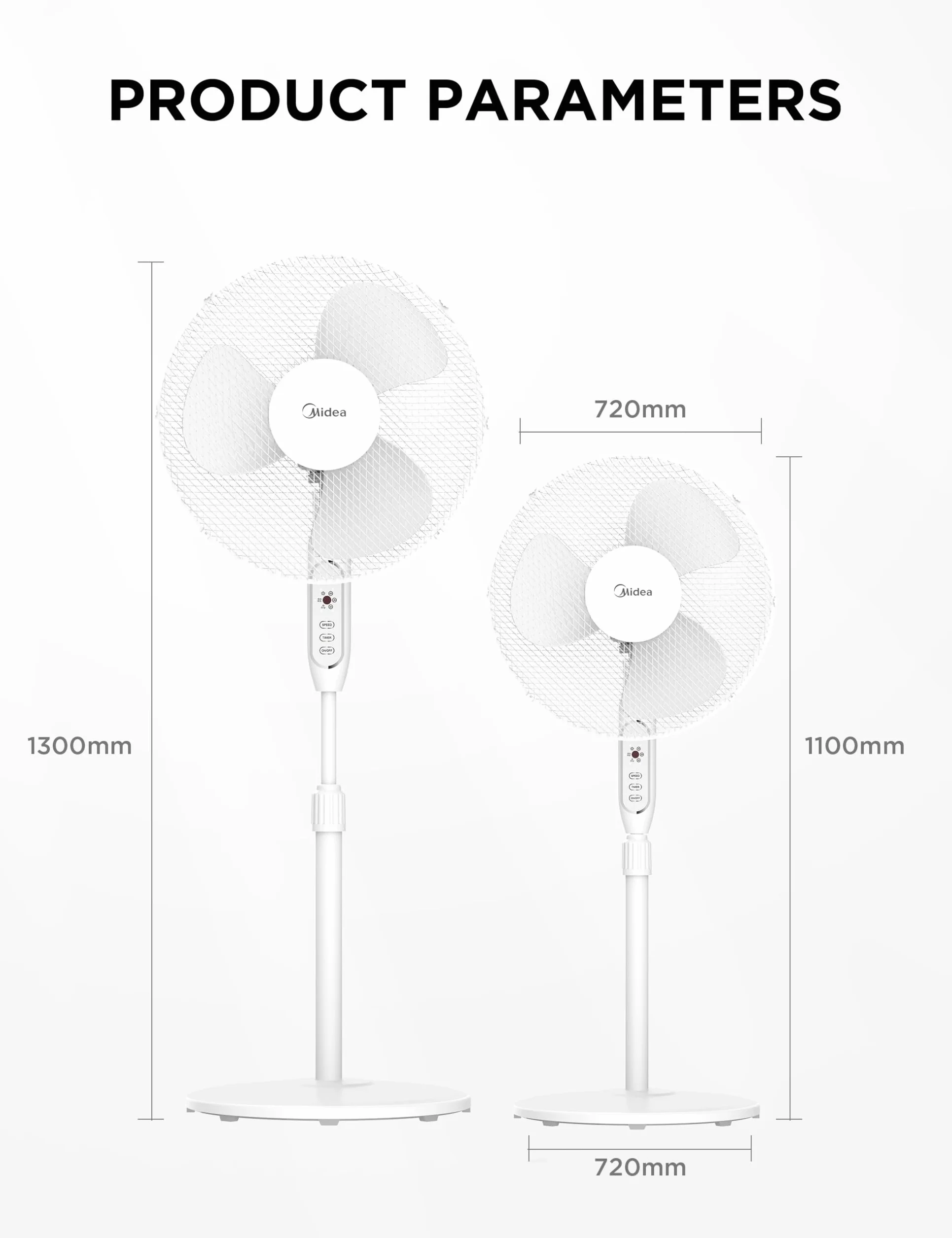 Midea MFS400M0APW0 wentylator podłogowy 40W Regulowana Wysokość Cichy Wentylator Z Pilotem 3 Poziom Prędkości, Oscylacja 85°,Regulowana wysokość od 1,1 do 1,3 metra,Biały