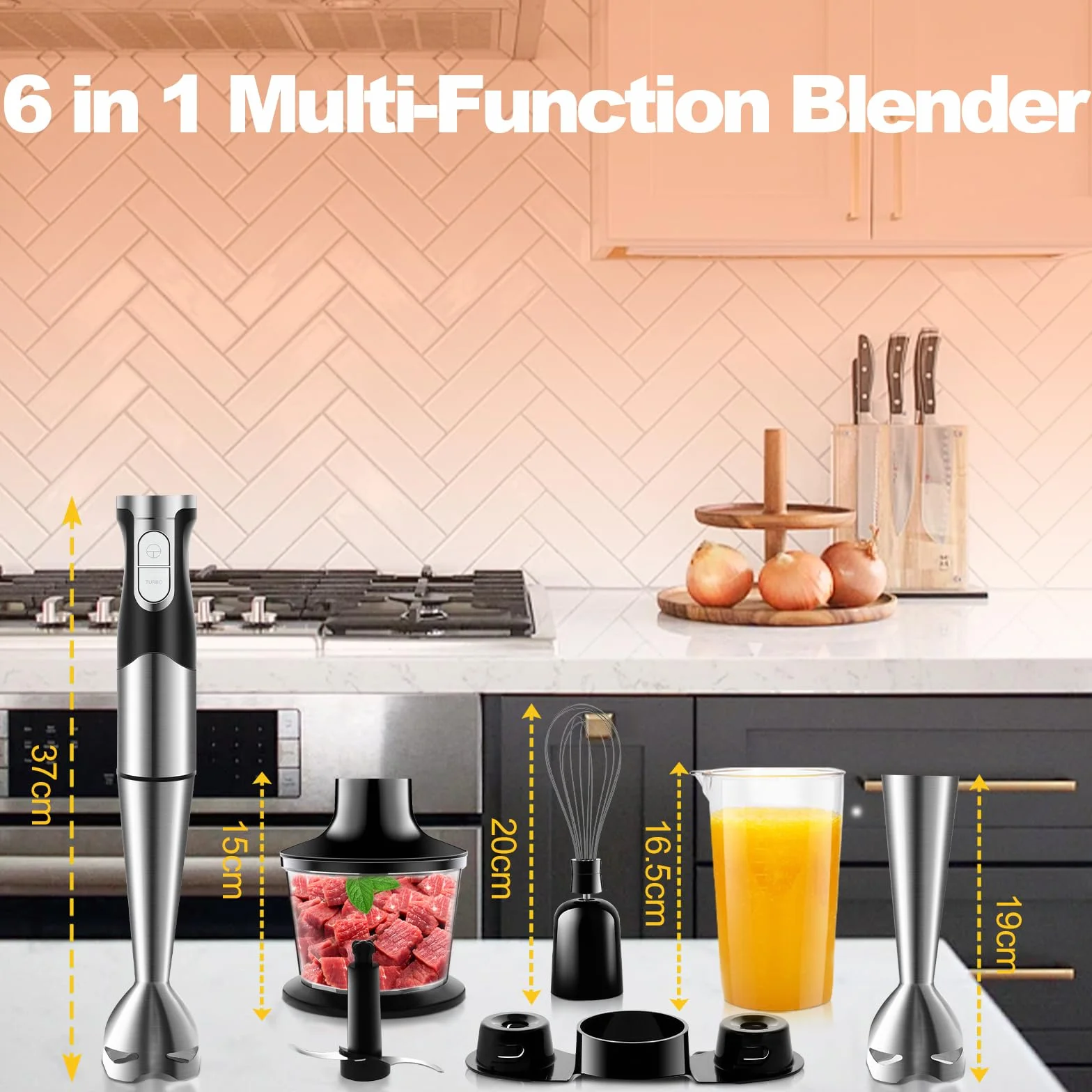 6 w 1 Blender Ręczny 1200W Regulowana Prędkość Blender Zanurzeniowy z Ostrzami ze Stali Nierdzewnej, Odporny na Zachlapania, Blender Elektryczny do Mięsa, Warzyw i Śmietany itp