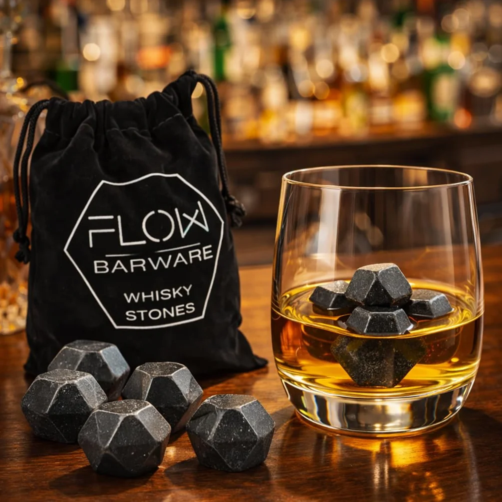 FLOW Barware Kostki do whisky | Polerowane kostki do whisky w kształcie diamentu | Zestaw 9 kostek do whisky w prezencie dla mężczyzn, taty, na Dzień Ojca | Zachowaj chłodne i nierozcieńczone rum i