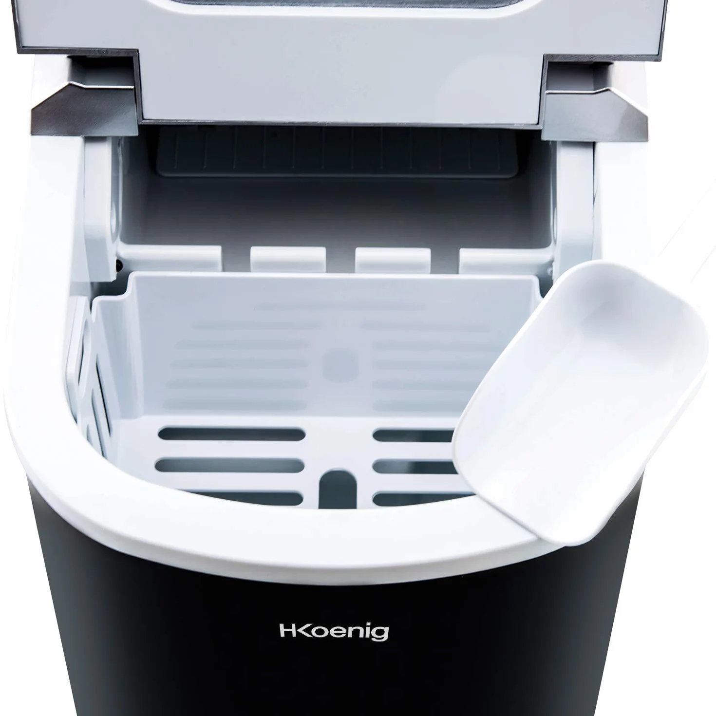 H.Koenig KB12 kostkarka do lodu KB12 – ok. 12 kg kostek lodu dziennie, czas produkcji 6 – 13 min. – 2 wielkości kostek lodu, wskaźnik poziomu wody, 90 W czarna, stal nierdzewna