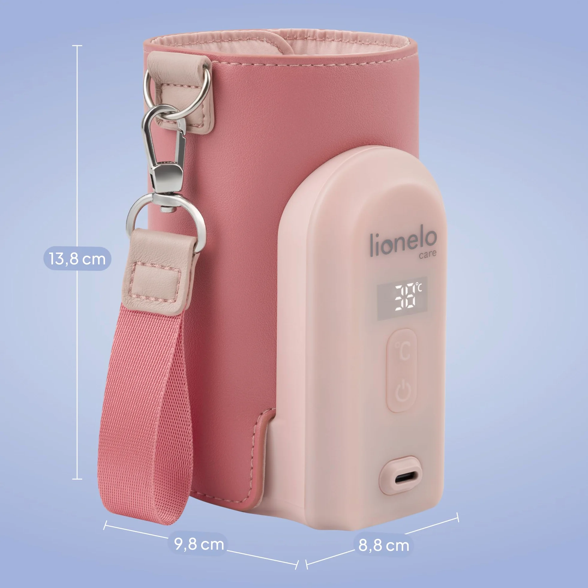 LIONELO Thermup Go Evo Przenośny Podgrzewacz do Butelek dla Niemowląt, Utrzymuje Ciepło Płynów, 5 Temperatur Pracy od 38 do 50o C Ładowanie USB-C, do 9h Pracy Wyświetlacz LCD (Różowy)