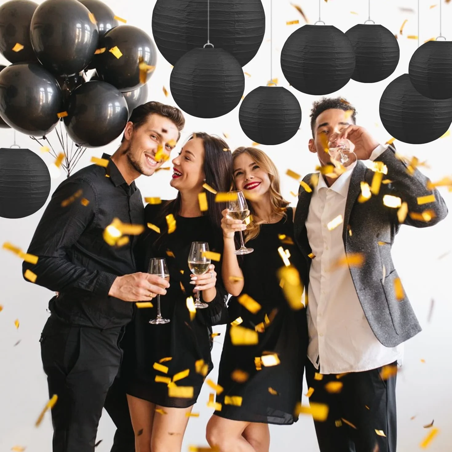 Jangostor 20 sztuk czarnych papierowych lampionów – okrągłe latarnie wiszące, 15 cm, 20 cm, 25 cm, 30 cm, różne rozmiary, na wesele, urodziny, uroczystości, do ogrodu