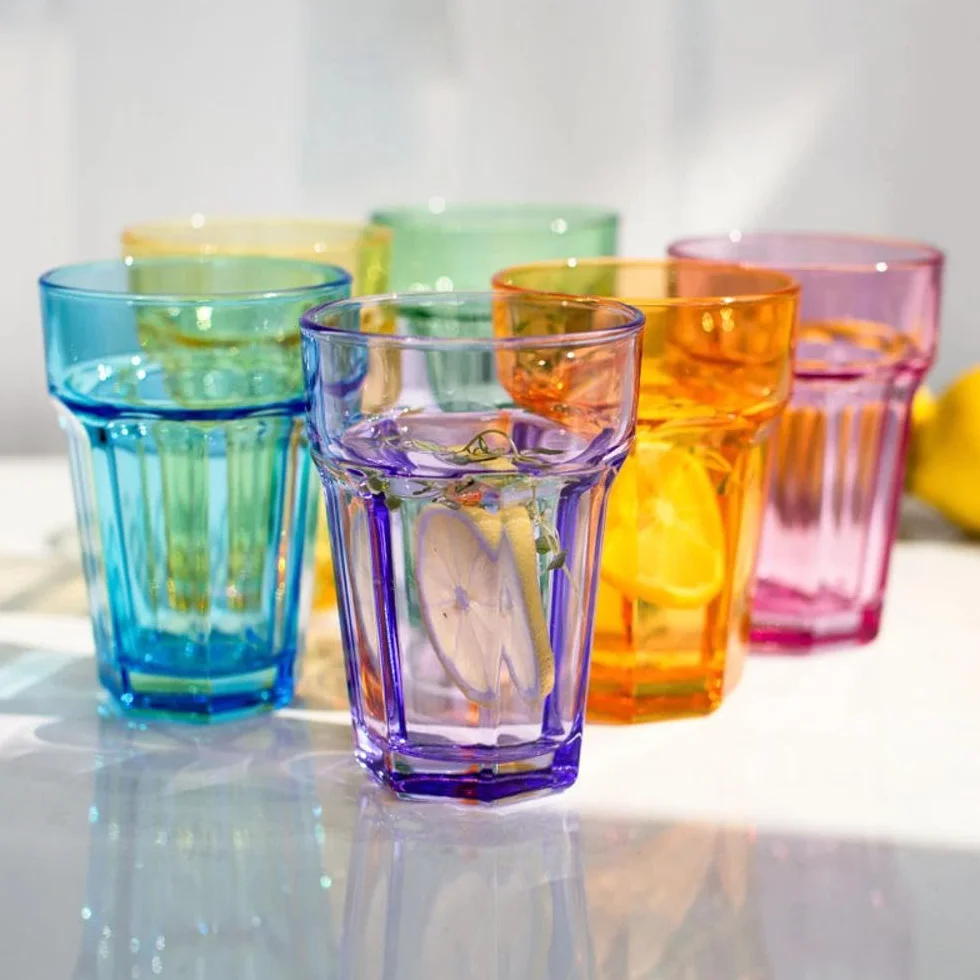TREND FOR HOME Szklanki do Wody 425 ml Zestaw 6 Kolorowych Szklanek do Wody Napojów Soków Szklanka Wysoka Szklane Kubki do Longdrinków Szklanki Wysokie Styl Retro, Alva