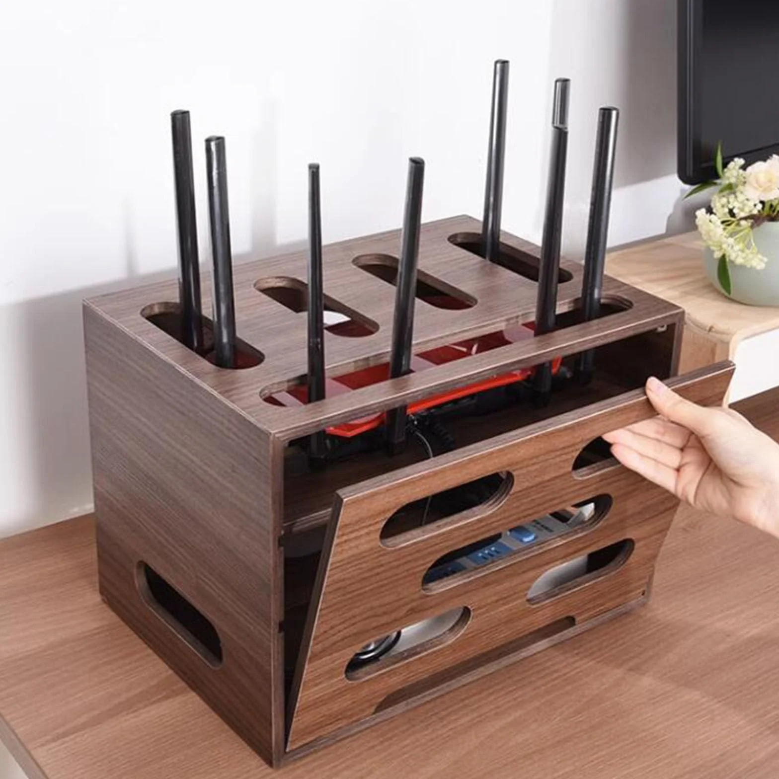 Drewniana półka na routera, półka na router bezprzewodowy, pudełko do przechowywania kabli routera, wielowarstwowy stojak do przechowywania, półki organizery biurkowe, listwa zasilająca i
