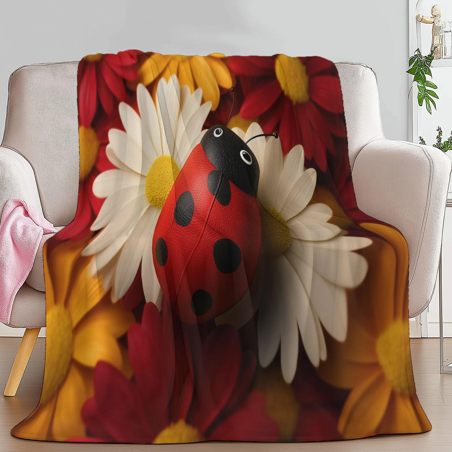 Wielokolorowy, ultramiękki koc flanelowy, narzuta 221 x 239 cm, pluszowy i ciepły, kwiaty 3D, urocze owady, nadruk, lekki koc na łóżko, pościel na sofę, podróż i dla dzieci dorosłych, 220 x 240 cm