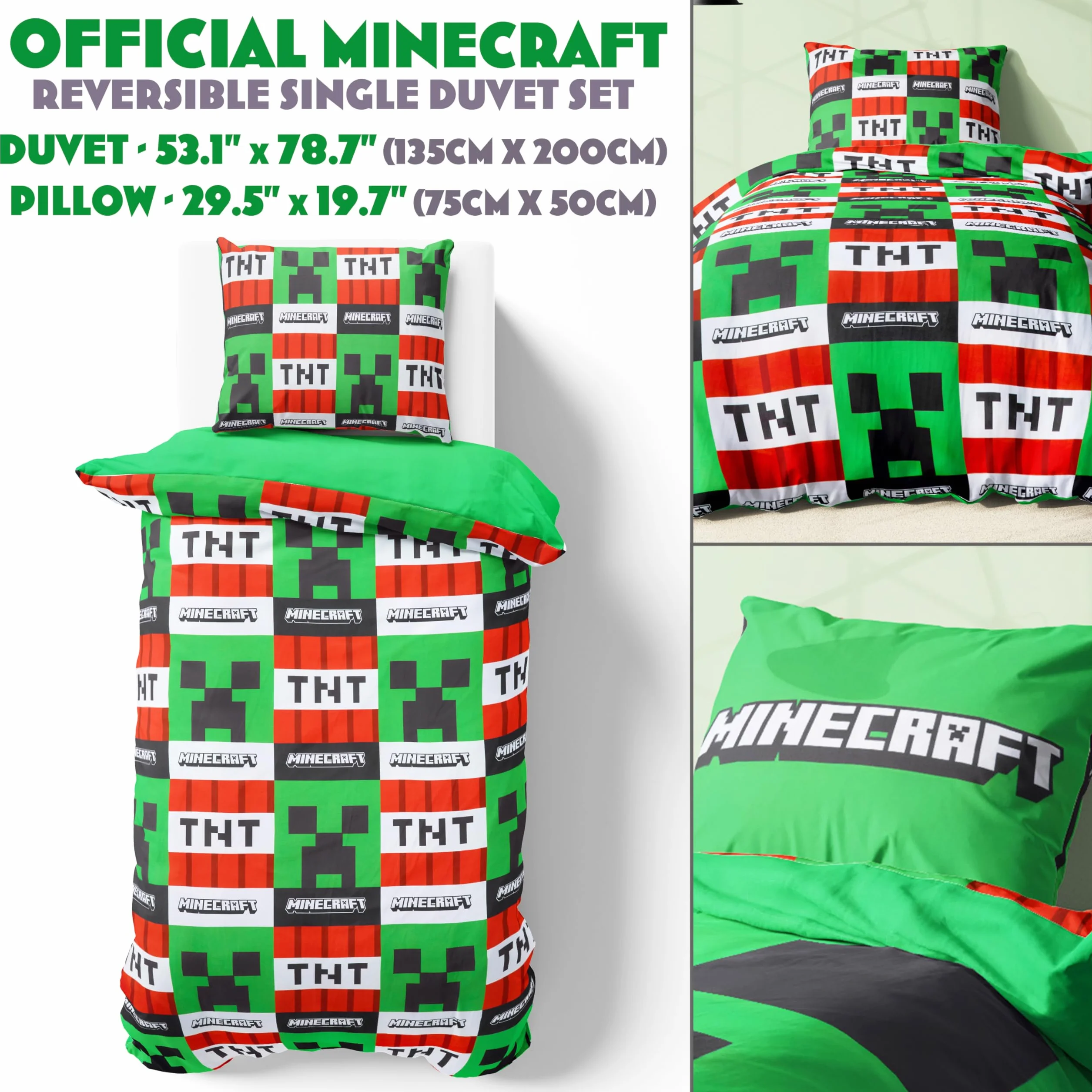 Minecraft Pojedynczy zestaw poszewek na kołdrę dla dzieci, dwustronna pościel i poszewka na poduszkę