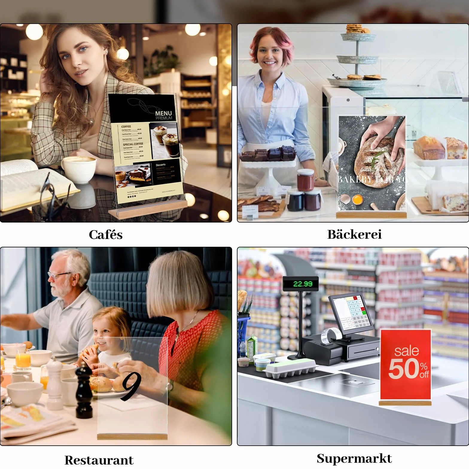 Yoosso 2 ekspozytory stołowe, A4, stojak na stół, w kształcie litery L, akrylowy stojak reklamowy z drewnianą podstawką, na wesele, do restauracji, biura, kawiarni (21 x 29,7 cm)