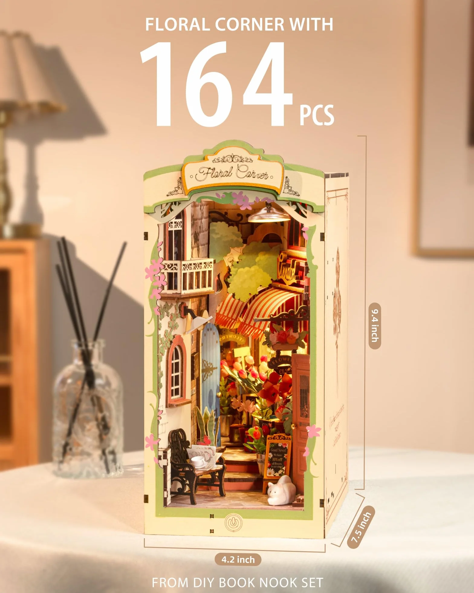Rolife Zestaw Book Nook Kwiatowy Zakamarek z lampkami LED DIY Miniaturowy Zestaw Domku Drewniane Puzzle 3D dla Dorosłych do Budowania Dekoracja Półki na Książki Prezent na Boże Narodzenie i Urodziny