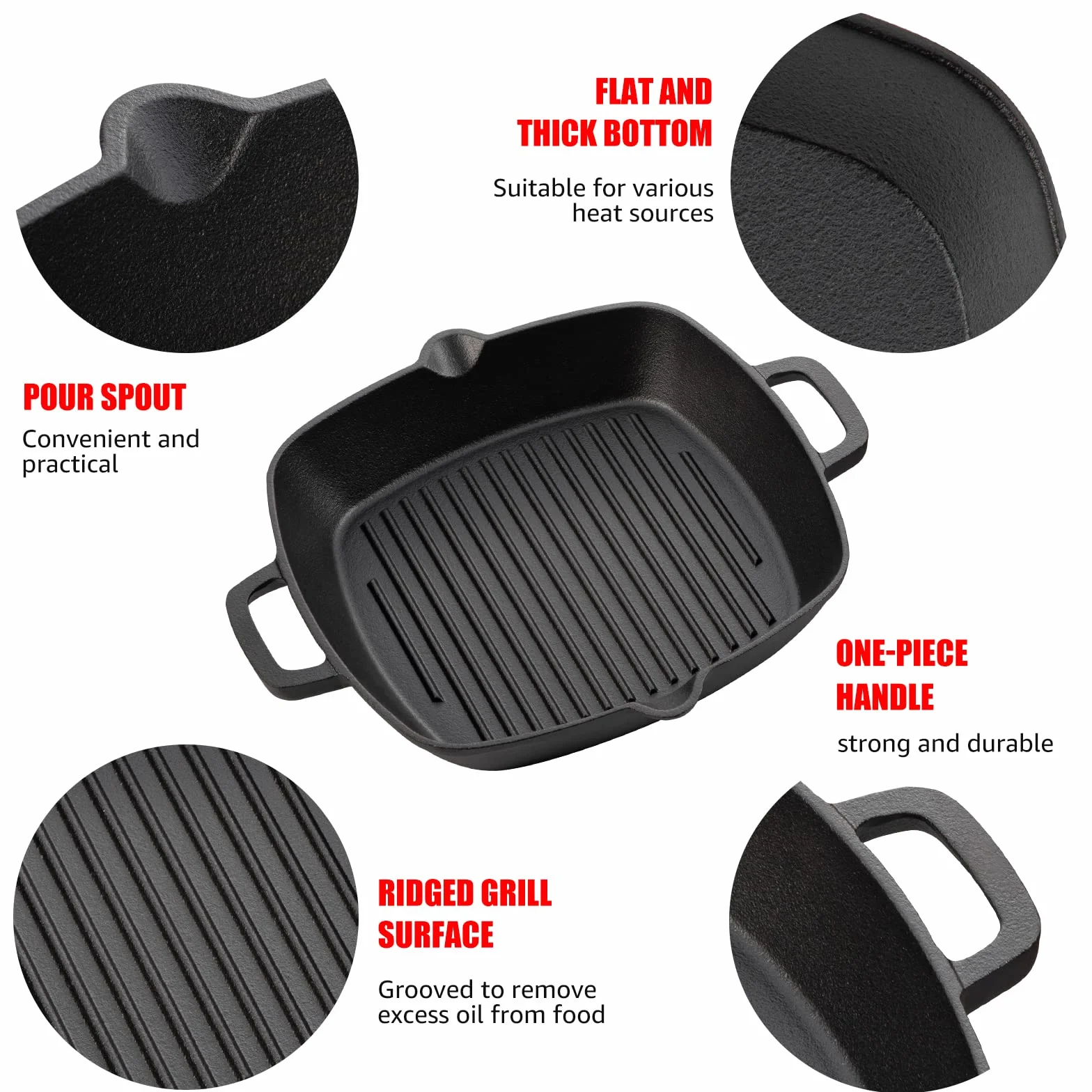 OVERMONT Patelnia grillowa żeliwna kwadratowa 26 cm z dwoma uchwytami