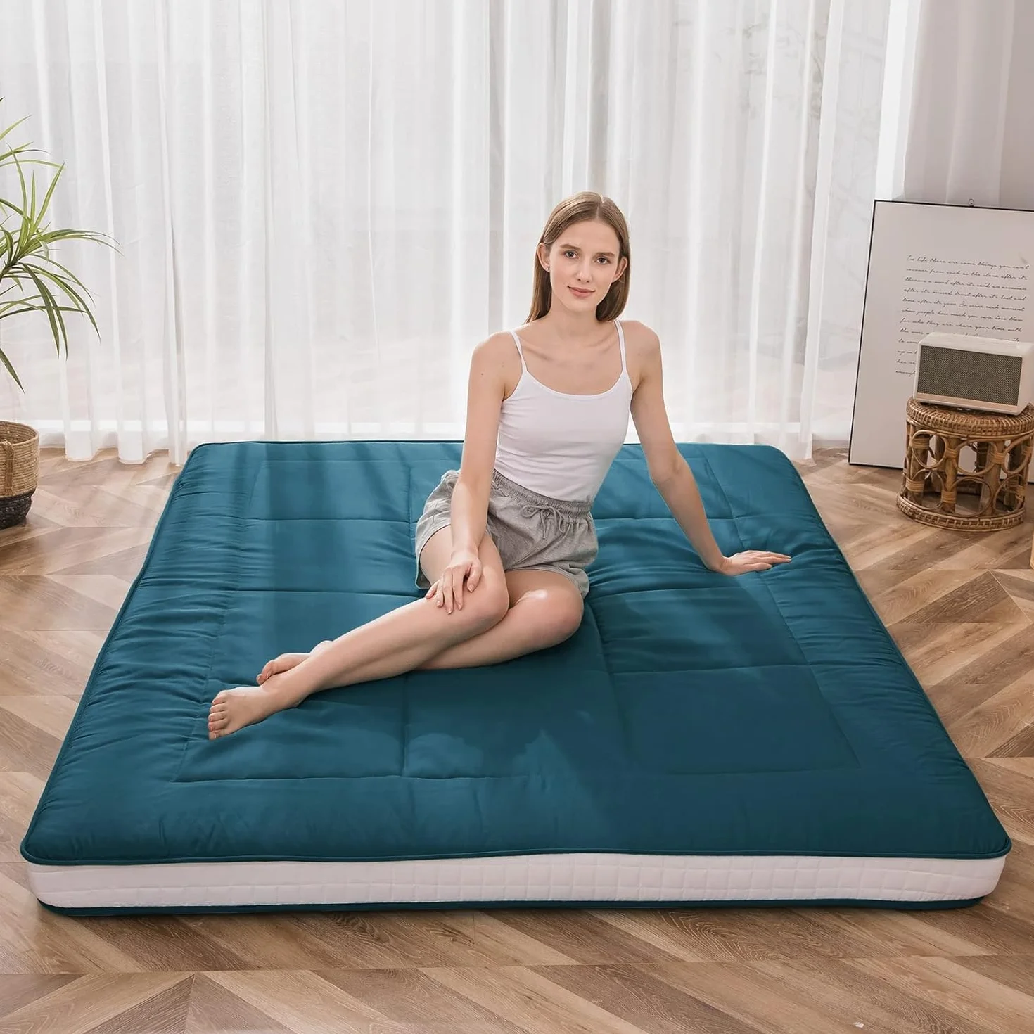 MAXYOYO Futon Materac - Wyściełany Japoński Materac Podłogowy, Pikowany, Bardzo Gruby Składany, Oddychający Leżak, Łóżko dla Gości (Bluestone, Podwójny)