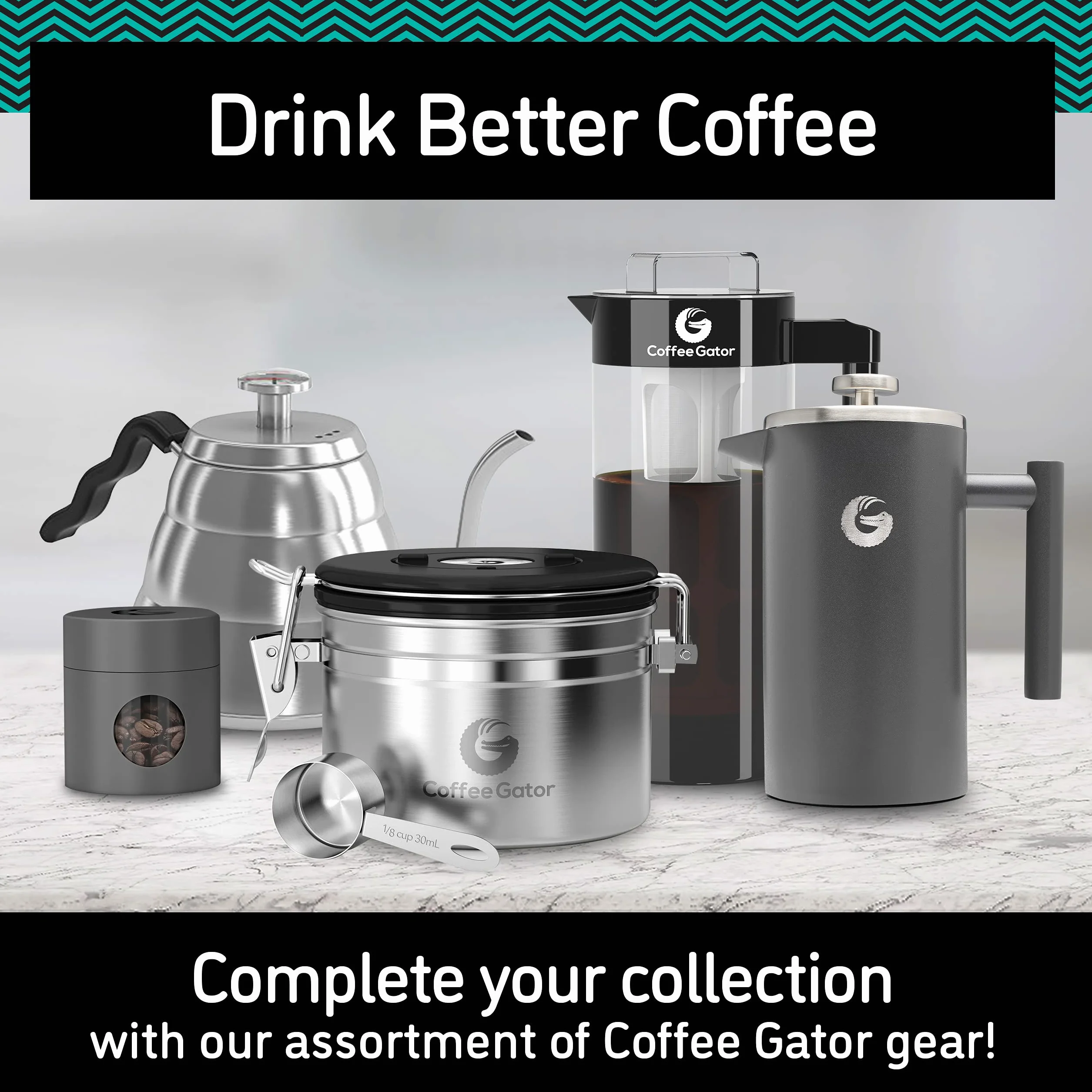 Coffee Gator Hermetyczny pojemnik na kawę 1300 ml, kuchenny pojemnik do przechowywania żywności ze stali nierdzewnej z trackerem dat, zaworem CO2, łyżeczką do mielonej kawy, ziaren kawy, herbaty