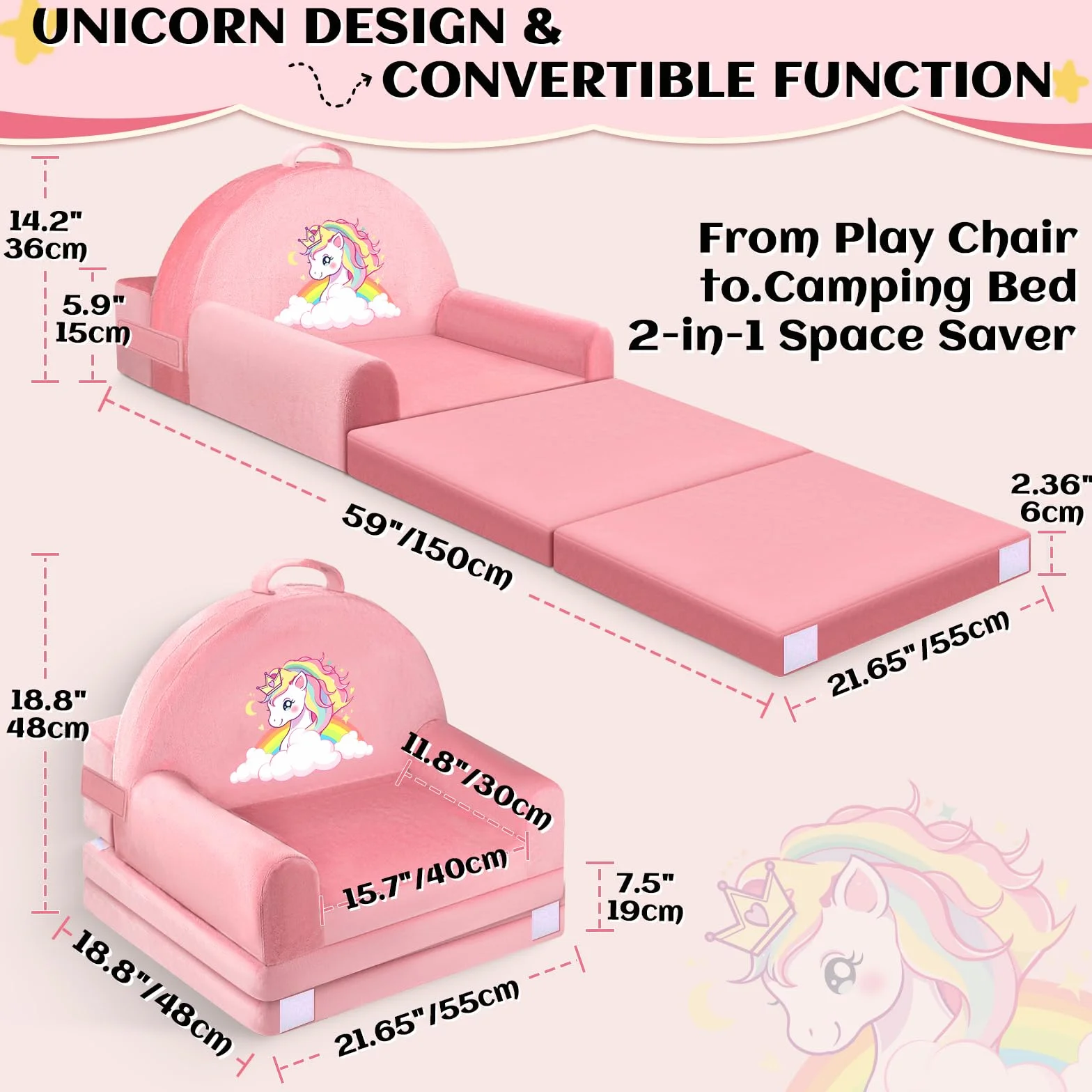 Składane krzesło dla małych dzieci, sofa dziecięca, rozkładana mini kanapa 2 w 1, 150 cm, miękki kryształowy aksamit dla małych dzieci, sofa do zabawy, do sypialni, salonu, pokoju zabaw