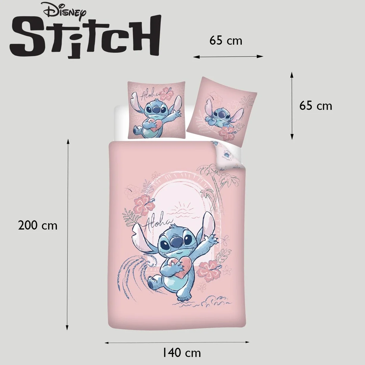 Disney Stitch różowy komplet pościeli, 100% bawełna, poszwa na kołdrę 140 x 200 cm i poszewka na poduszkę 65 x 65 cm