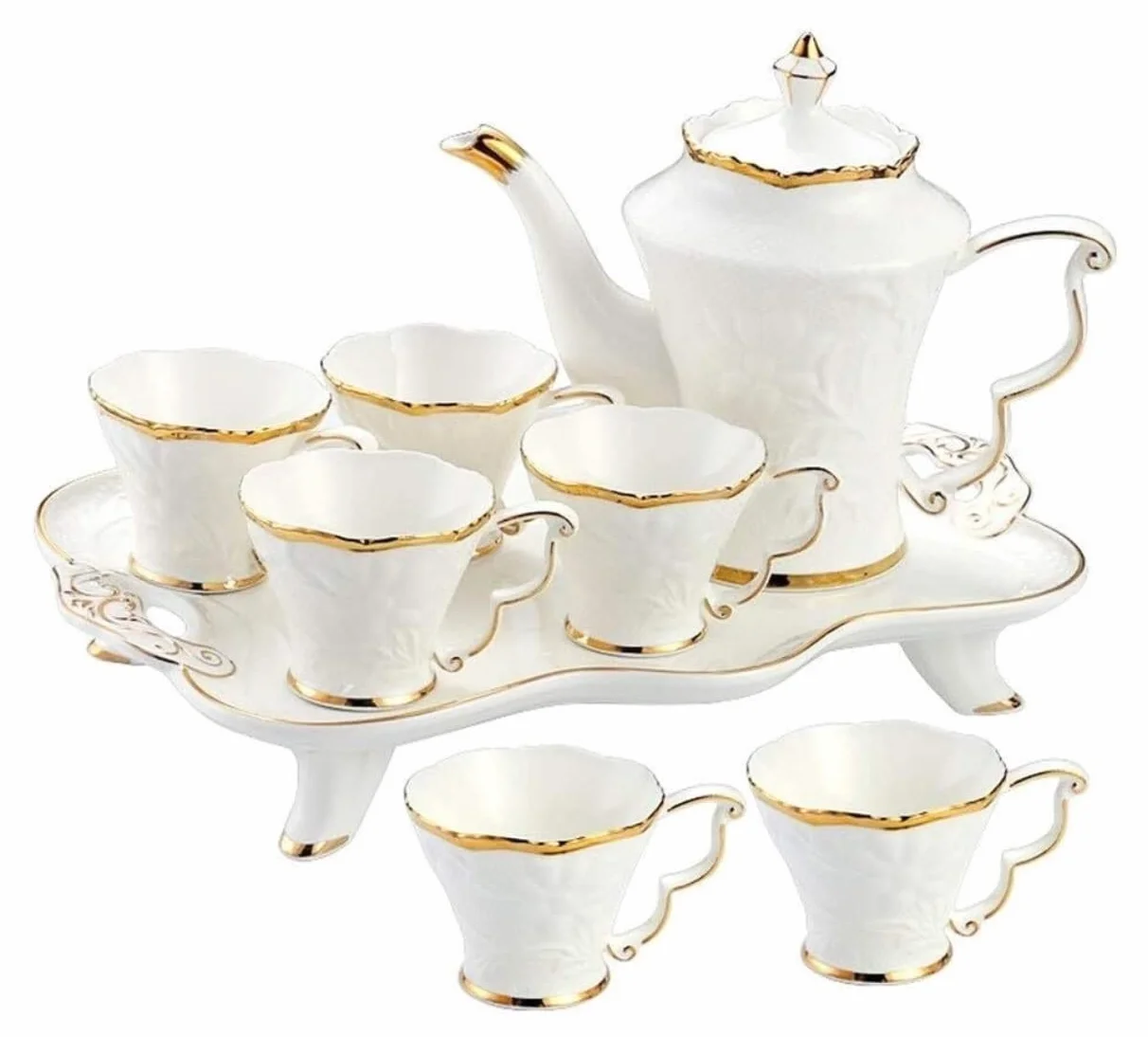 Zestaw Do Herbaty 8 Sztuk Ceramiczny Zestaw Do Herbaty Kubki I Taca Do Kawy Złote Wykończenia Styl Europejski Popołudniowa Herbata Drinkware Zestaw Do Kawy Serwis Do Kawy I Herbaty Zestaw Do Czajnicze