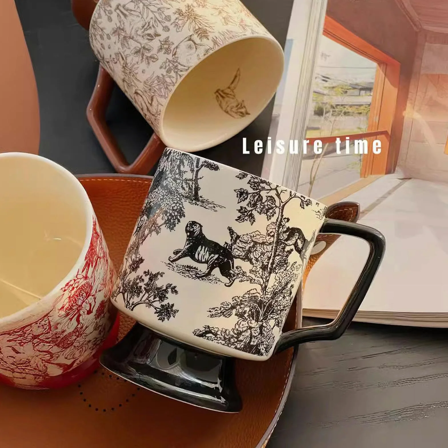CAPIJIONG 400 ml / 14 uncji kreatywny czarny tygrys ryk górski kielich, popołudniowa herbata filiżanka do kawy - czerwony