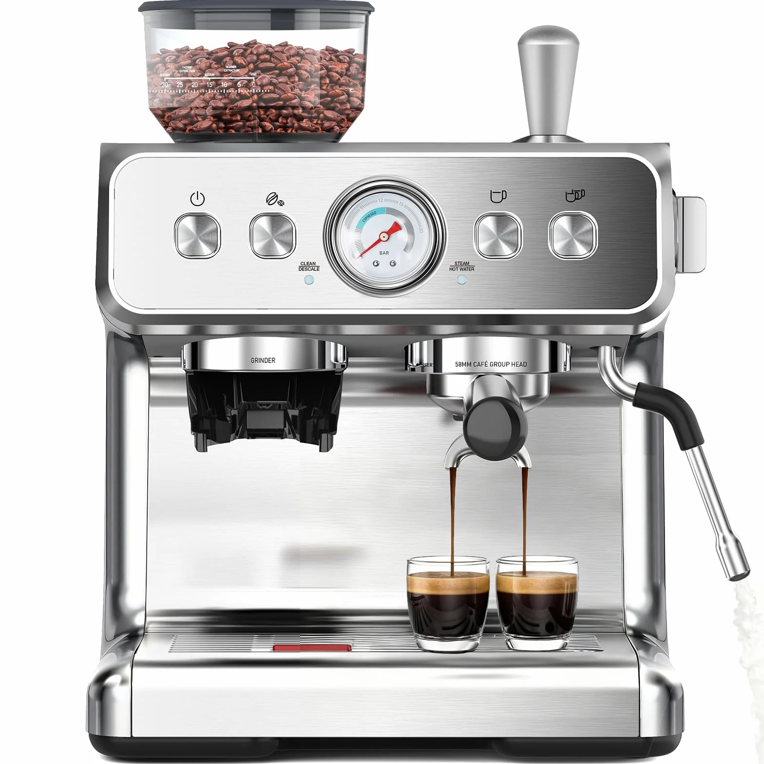 COWSAR - Ekspres do kawy z 20 prętami z młynkiem i spieniaczem do mleka, ekspresy do espresso 58 mm, ekspres do kawy ze stali nierdzewnej do cappuccino i latte, idealny do użytku