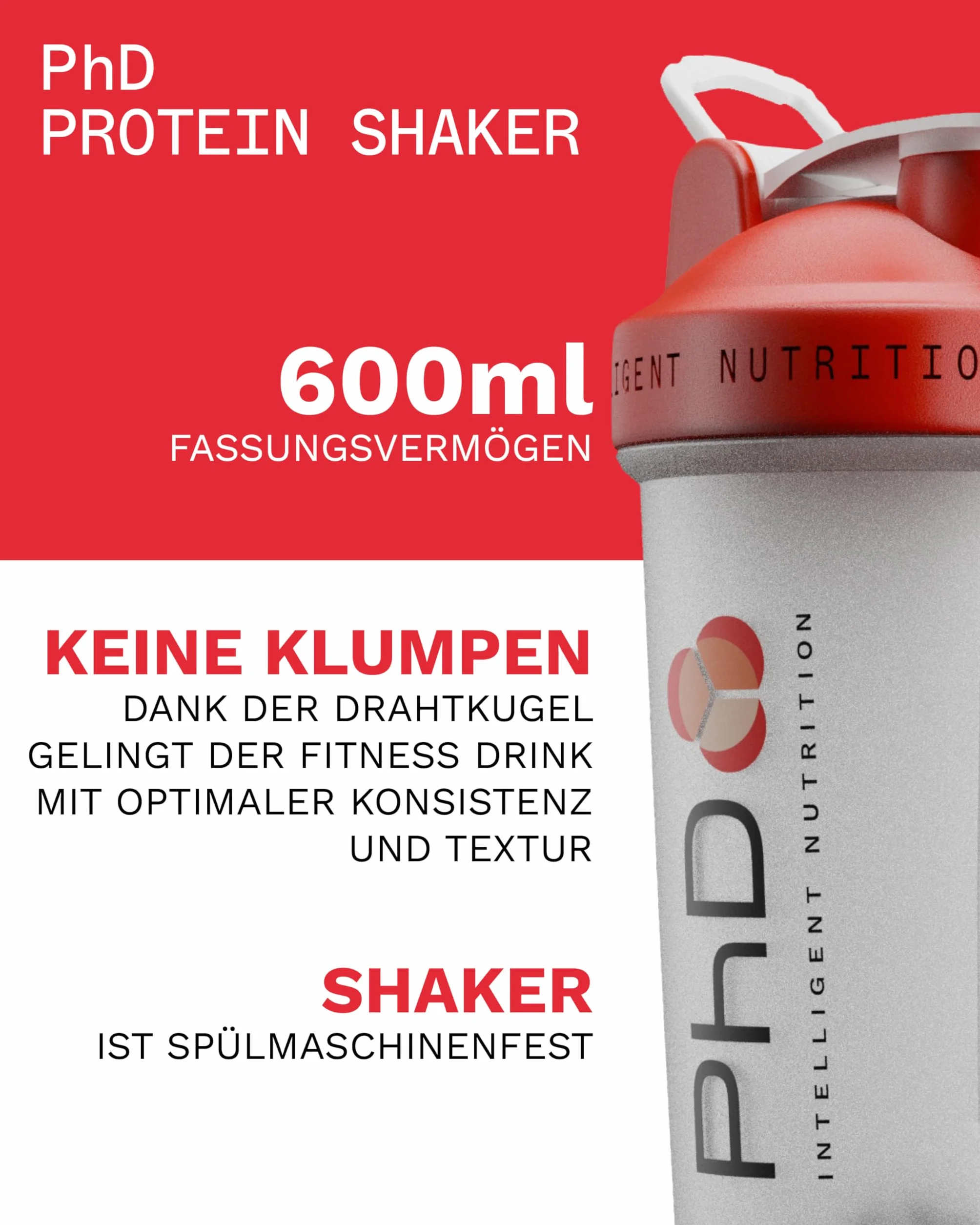 PhD Nutrition Mixball Shaker Shaker do koktajli proteinowych, trzepaczka druciana, czerwona pokrywka bez kapania, przezroczysty kolor, 600 ml