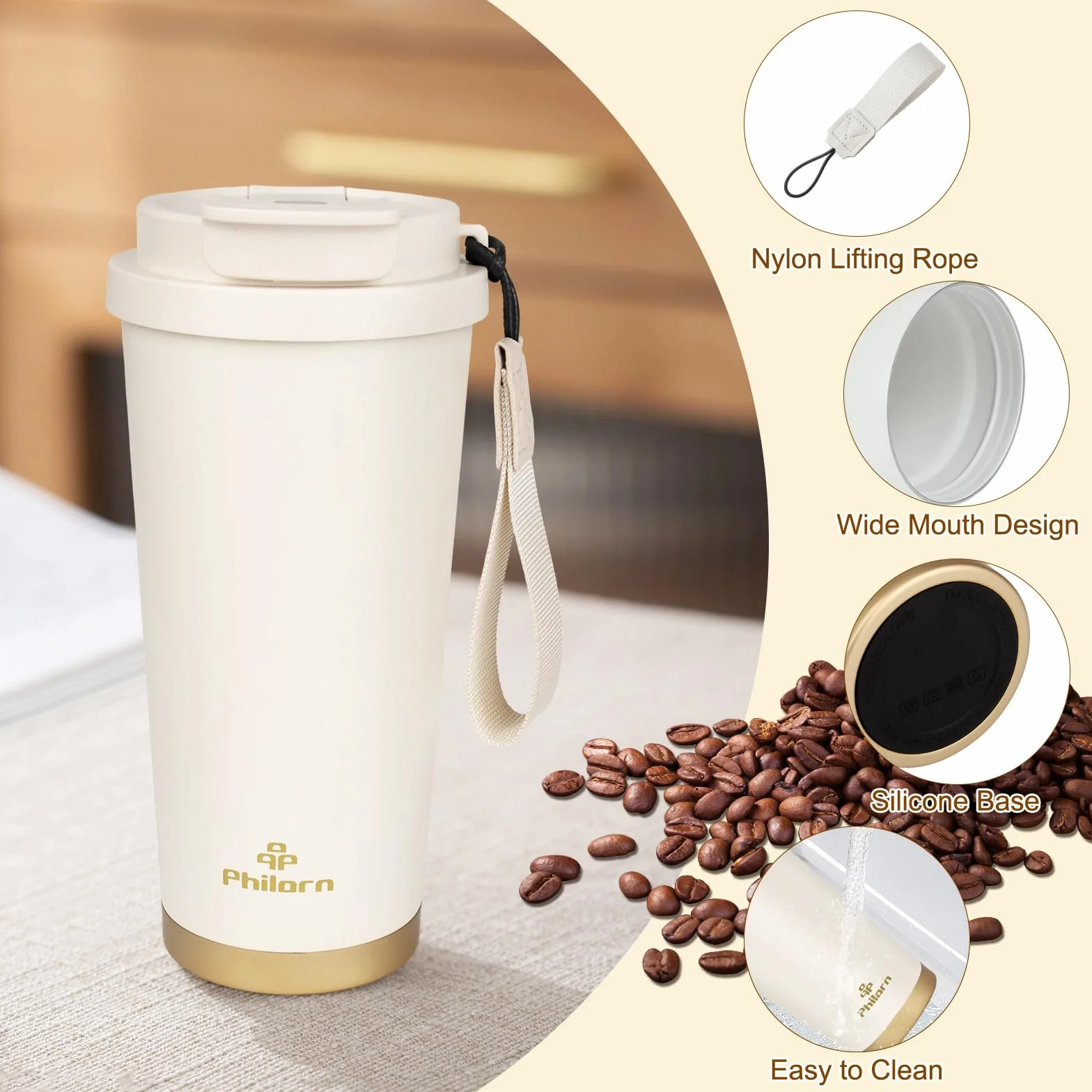 Philorn Kubek Termiczny na Wynos ze Stali Nierdzewnej 316, 500 ml, Ceramiczny Wewnątrz, 100% Szczelności, do Kawy, Biały, Nadaje się do Mycia w Zmywarce