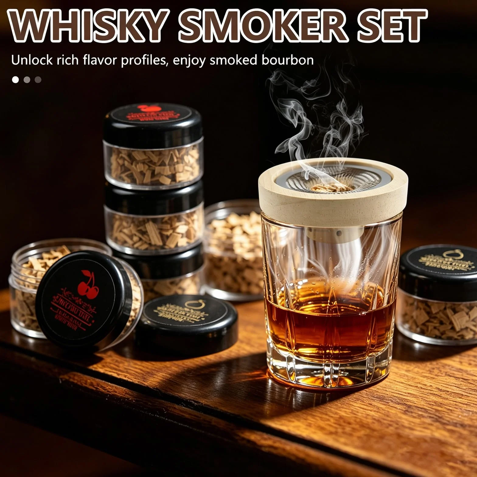 Zestaw do wędzenia koktajli z 5 węglami drzewnymi – zestaw do wędzenia whisky ze stalowymi filtrami, zestaw do wędzenia whiskey na bourbon i old fashioned, akcesoria do whisky i prezenty do whisky dla