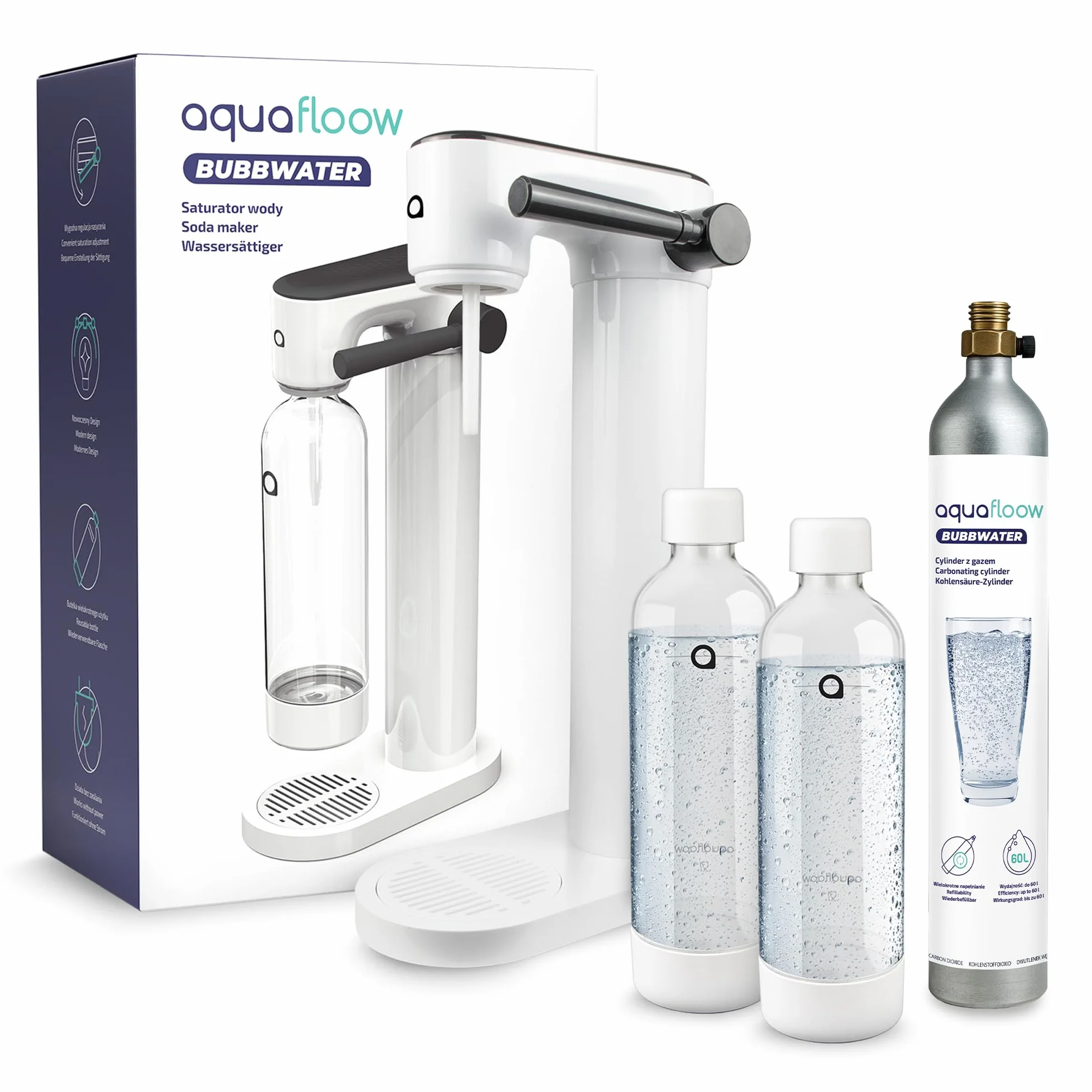 Aquafloow Saturator do Wody Gazowanej z 2 Butelkami 0,8L i Nabojem CO₂ 60L | Domowa Maszyna do Gazowania Wody bez Prądu | Carbonator z Butelkami Wielokrotnego Użytku – Biały