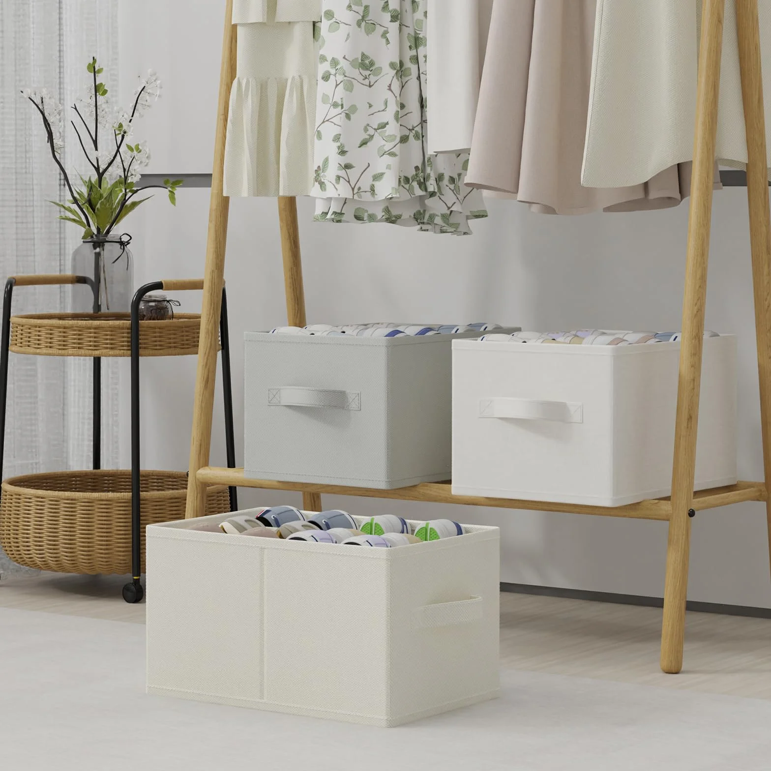 2 sztuki organizer na buty do szafy, duże przechowywanie butów oszczędzające miejsce, mieści 12-24 pary, składane materiałowe pudełko na buty z 3 uchwytami, 42 x 32 x 26 cm, szary, XSNX02G-2