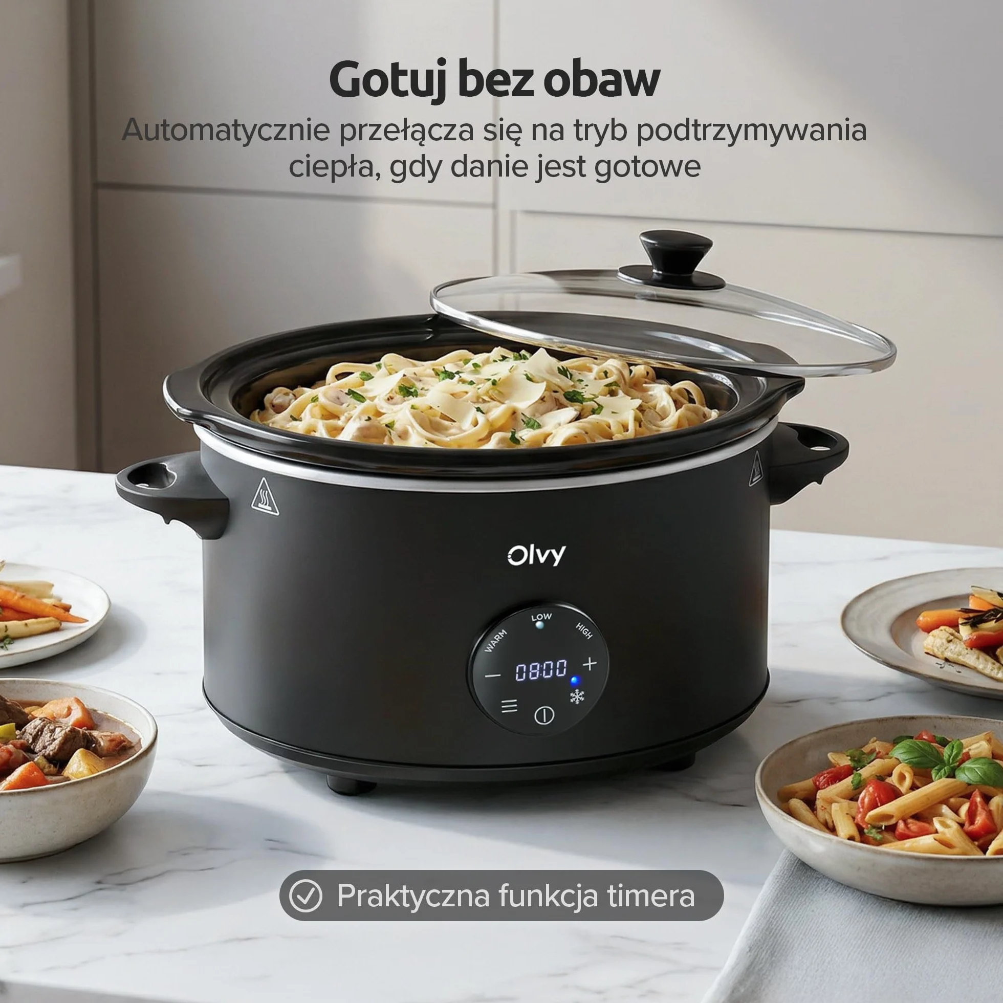 Olvy Slow Cooker 6 l Pro cyfrowy wolnowar z timerem, ekranem dotykowym, funkcja rozmrażania, 24 h, timer, 3 stopnie