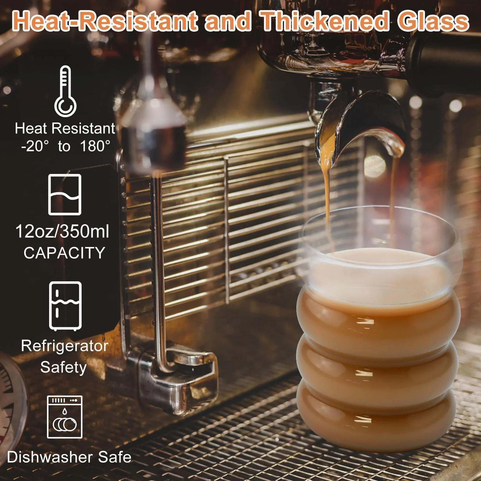 Bubble szklanki 350 ml ze słomką, zestaw 4 żebrowanych szklanek | Do Latte Macchiato, kawy mrożonej, whisky, koktajli, jogurtu, kawy z sodą – żebrowane szklanki 350 ml ze słomką, zestaw 4