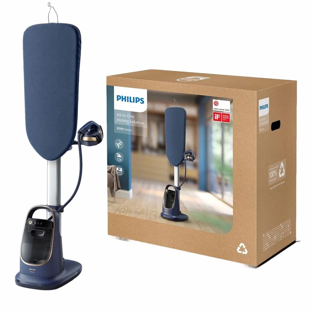 Philips All-in-One Zestaw do Prasowania 8500 – Deska z Regulacją Kąta, Technologia OptimalTEMP, Odłączana Podstawa, Zabija 99,9% Bakterii i Roztoczy, Ciemnoniebieski (AIS8530/20)