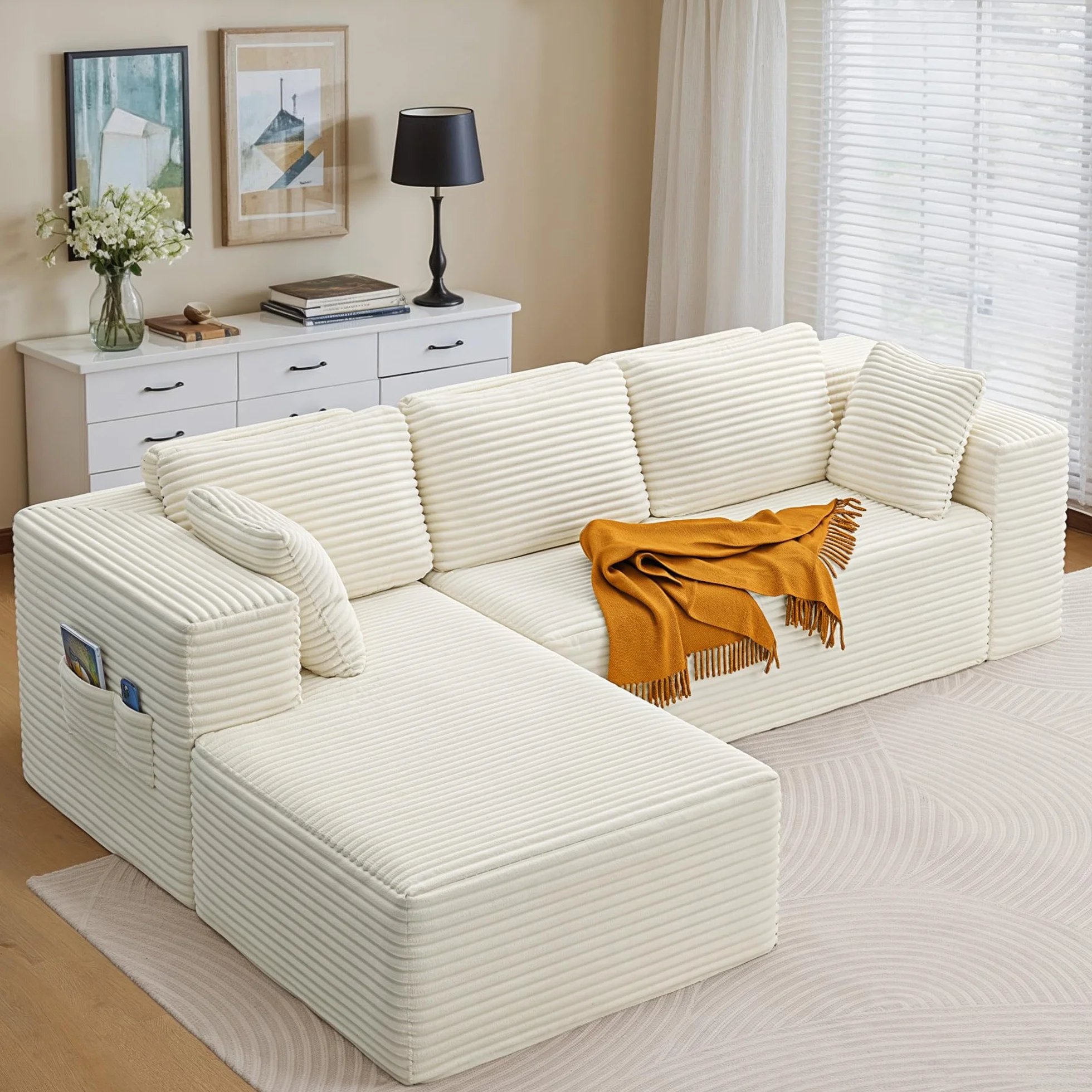 Xbro Sofa 3-osobowa w kształcie litery L z sztruksu, nowoczesna sofa do salonu z poduszkami i bocznymi kieszeniami, pianka 30D o wysokiej gęstości, 250 x 160 x 62 cm, Beżowa