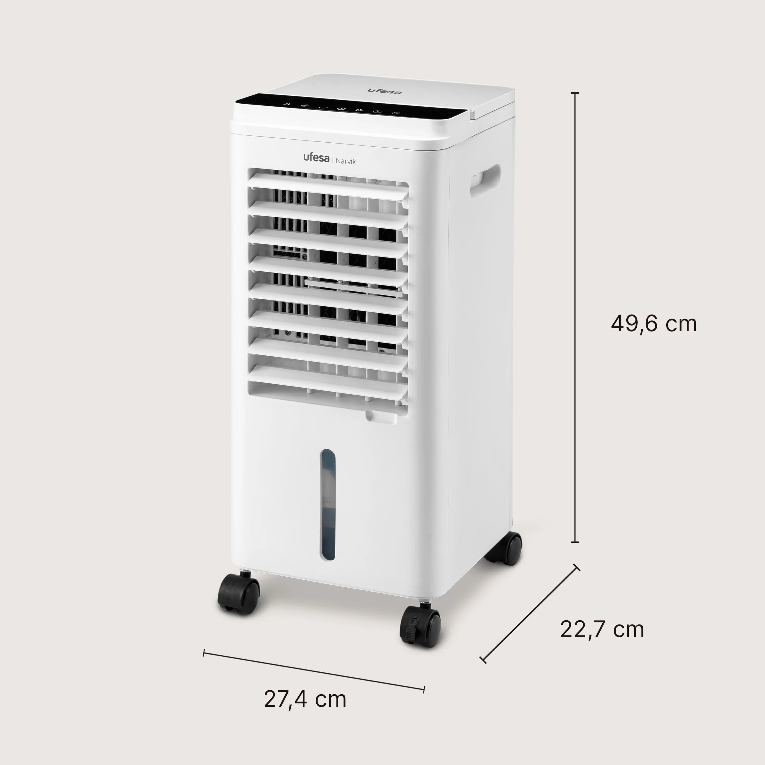 Ufesa Narvik chłodnica parowa 65 W 3 prędkości 3 tryby panel dotykowy zbiornik 5 l timer 12 h filtr pralny 2 akumulatory chłodzące