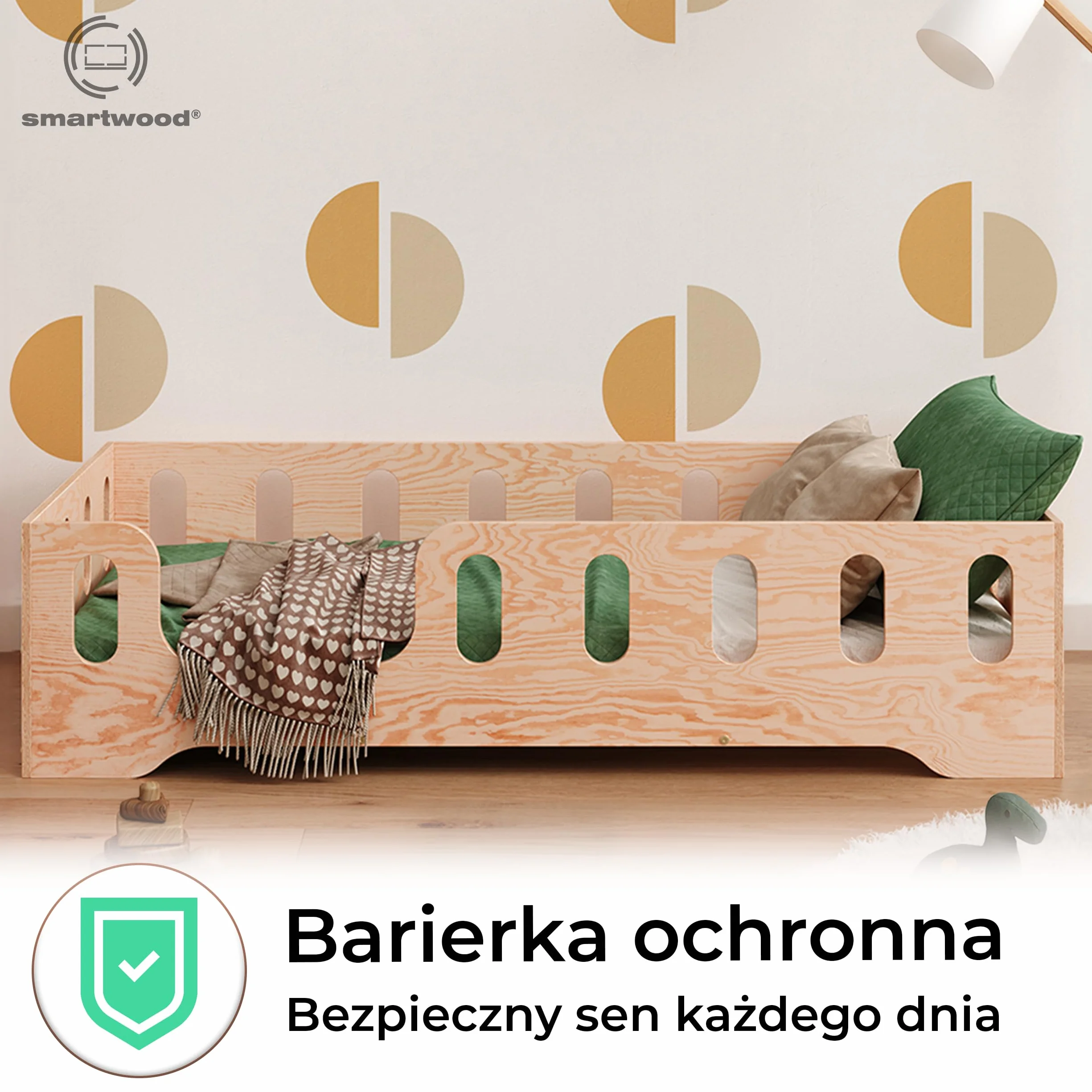 smartwood Łóżko Dziecięce 90x200 Drewniane z Barierką i Stelażem - TILA 2L - Naturalne Łóżko Podłogowe Jednoosobowe Dla Chłopaka i Dziewczynki - Łatwy Montaż oraz Udźwig do 230 kg
