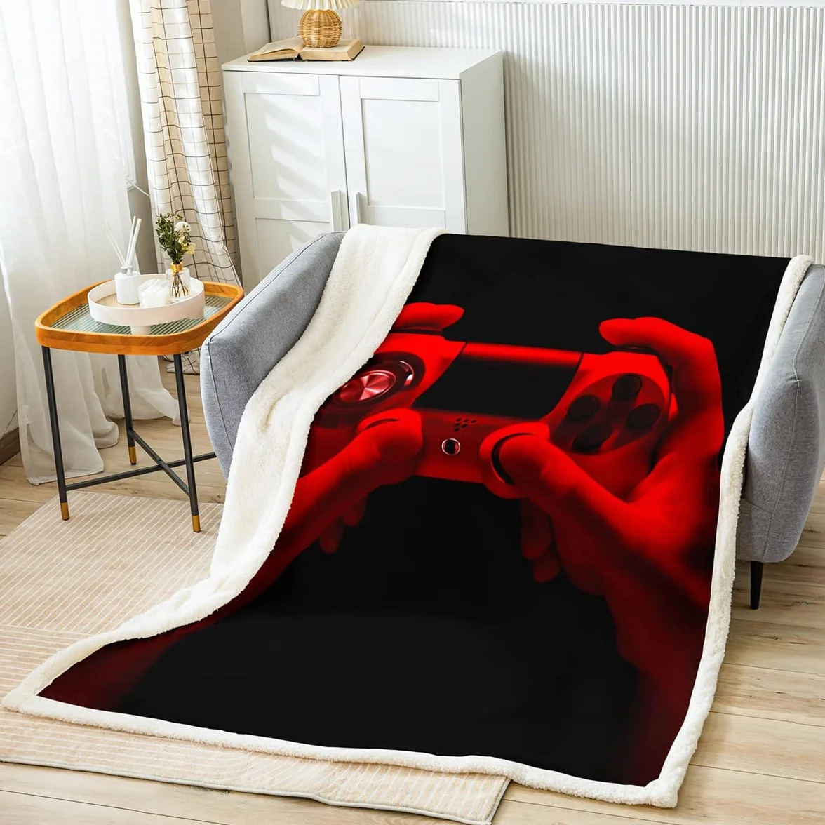 Gamepad narzuta koc konsola dla gracza koc dla dzieci chłopców nastolatków gry wideo podkładka do gier sherpa koc kontroler gier pluszowe koce, wystrój pokoju rozmyty koc król 20 cm * 24 cm, czarny, czerwony